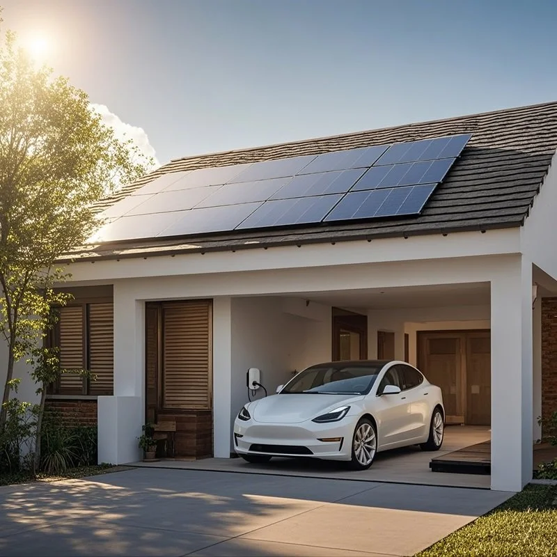 Residential rooftop solar panels and an electric vehicle at a modern home