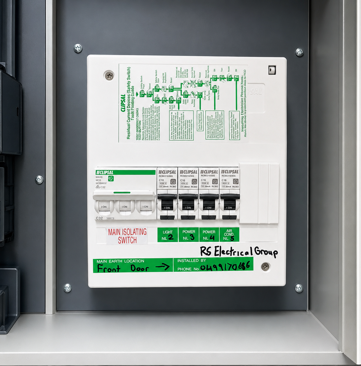 Residential switchboard with RCD safety switches and labelled electrical circuits