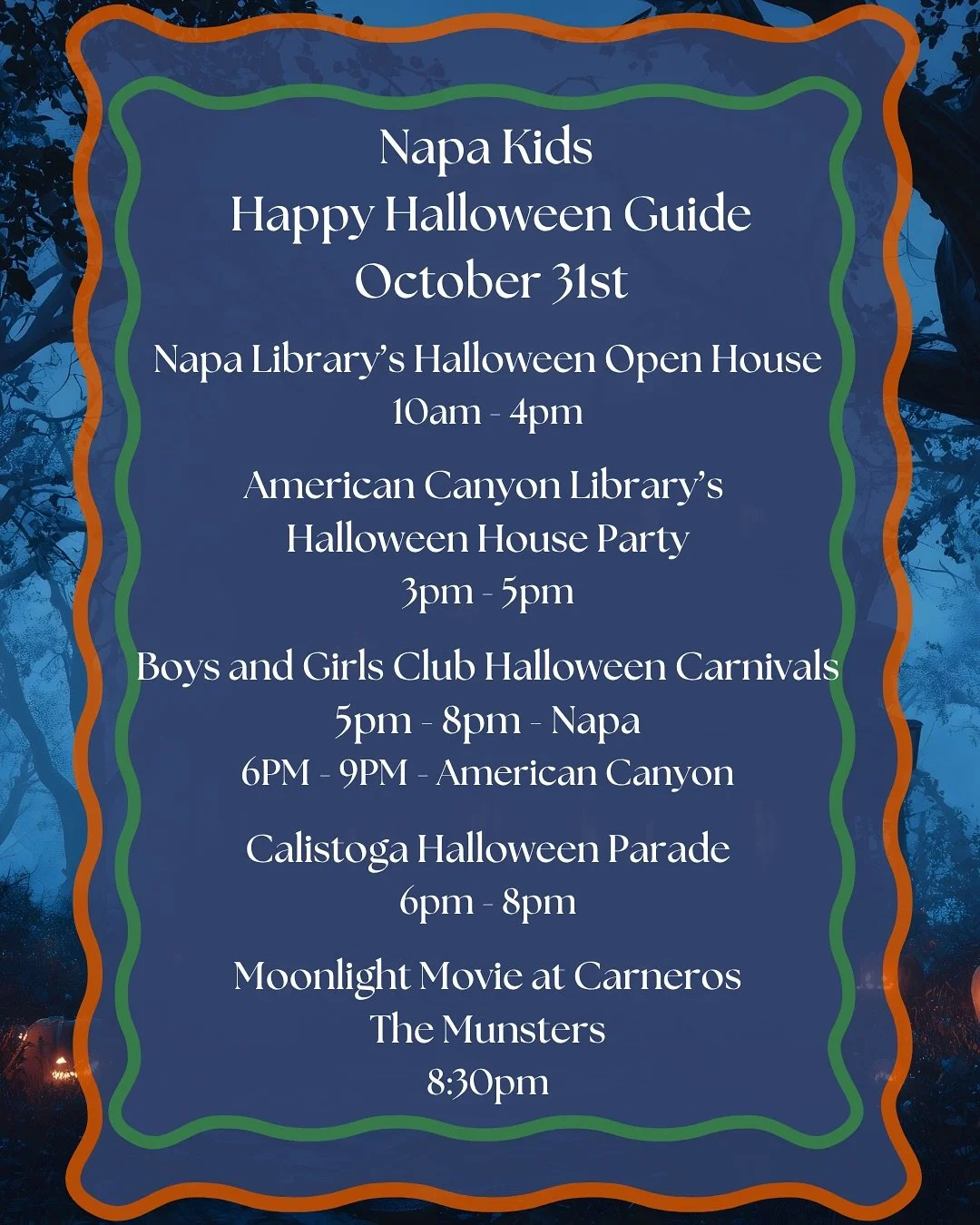 🎃👻🕸️ It&rsquo;s Halloween in Napa Valley! 🕸️👻🎃 From spooky parades to sweet treats, here&rsquo;s where to find all the family-friendly fun on October 31:
 📚 @napacountylibrary &amp; American Canyon Library &mdash; Stop by for seasonal treats, 