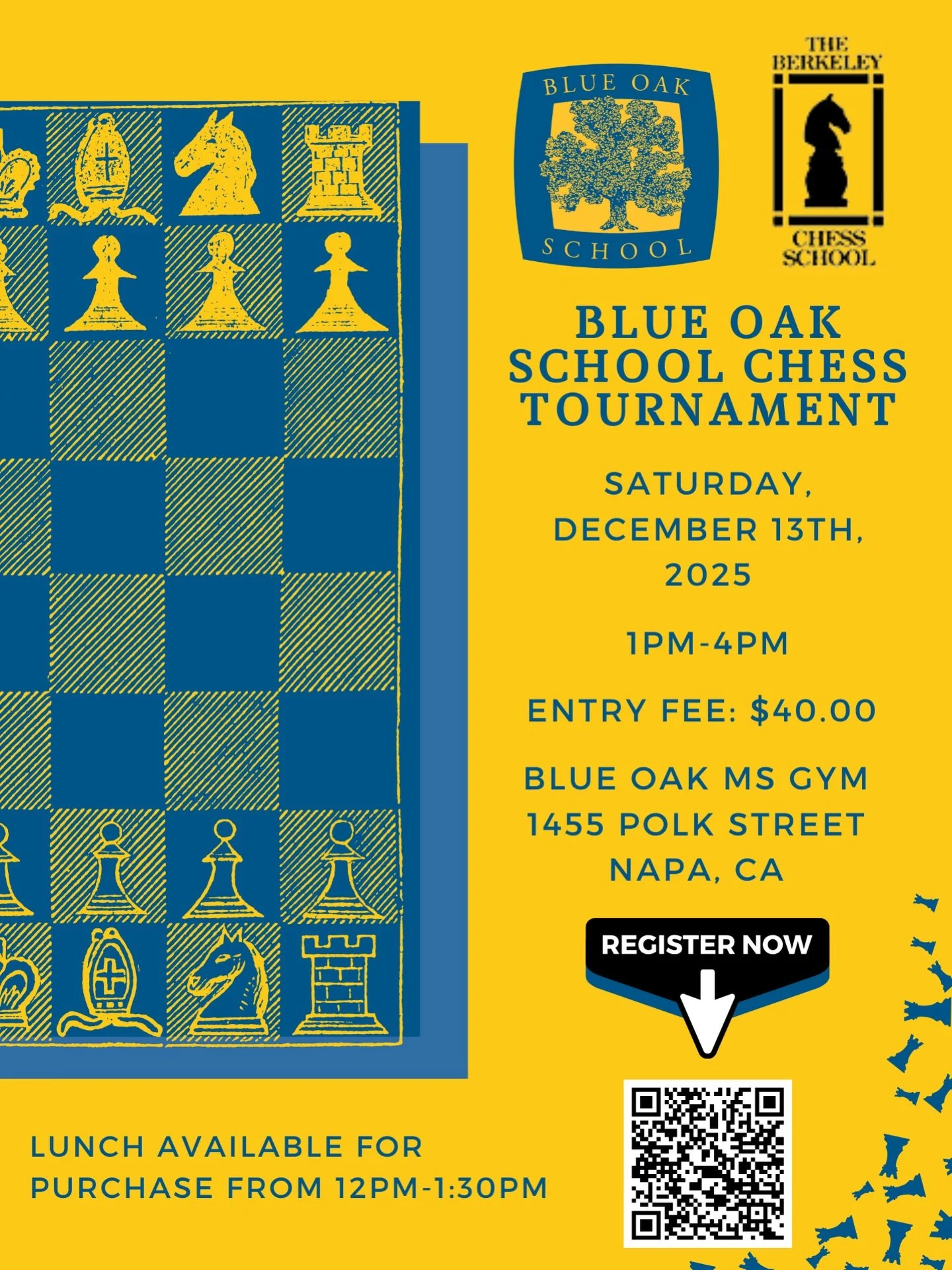 Join @blueoakschoolnapa for their second annual Chess Tournament with the Berkeley School of Chess. The tournament will take place in the Blue Oak Gymnasium on Saturday, December 14th, 1-4pm. 

Shackford&rsquo;s Kitchen will be open with lunch starti