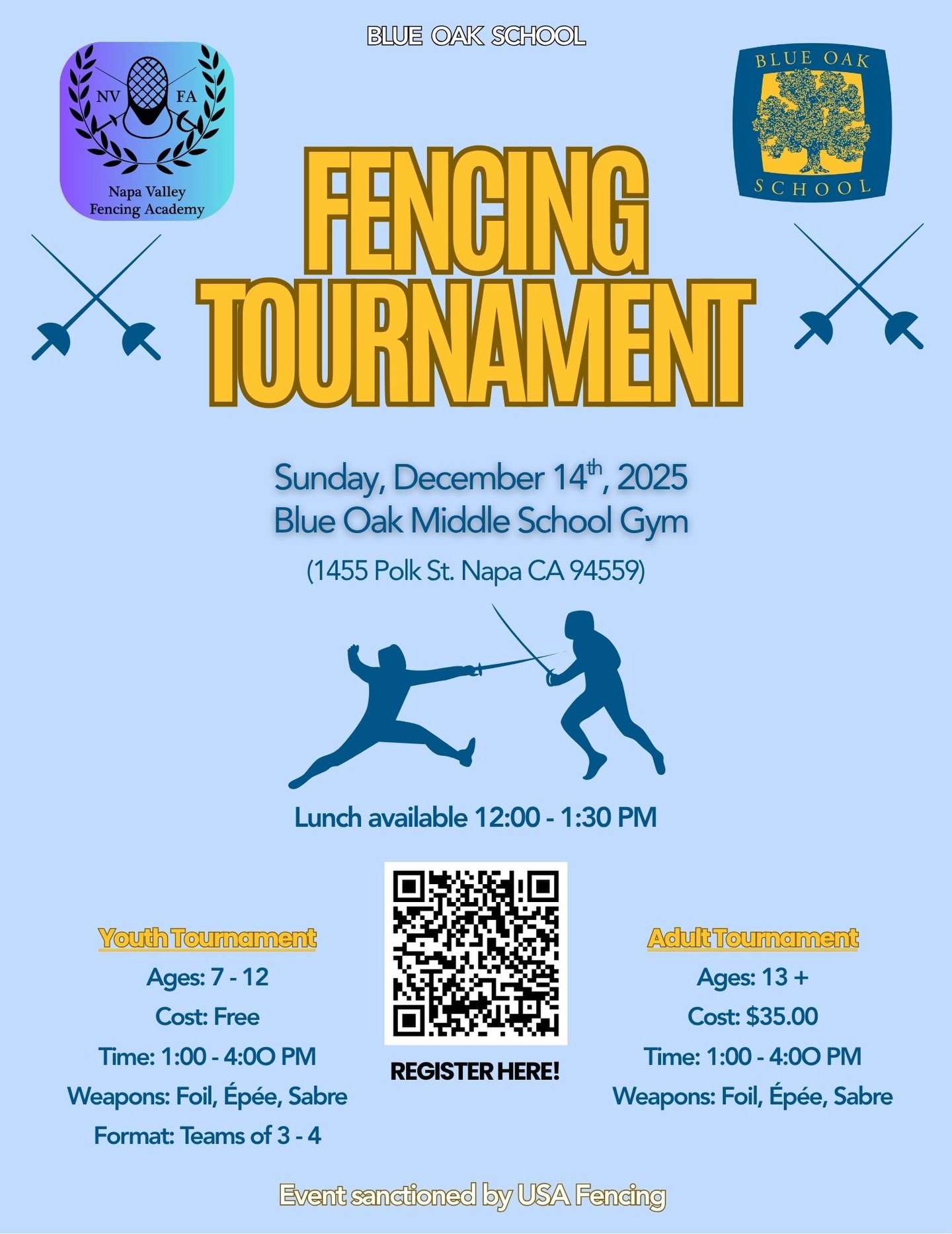 En garde, Napa!! 🤺 

@napa_valley_fencing_academy will host their first Fencing Tournament with @blueoakschoolnapa on Sunday, December 14th, and you are invited! 

The tournament will be held 1-4pm in the Blue Oak Gymnasium and will have both a yout