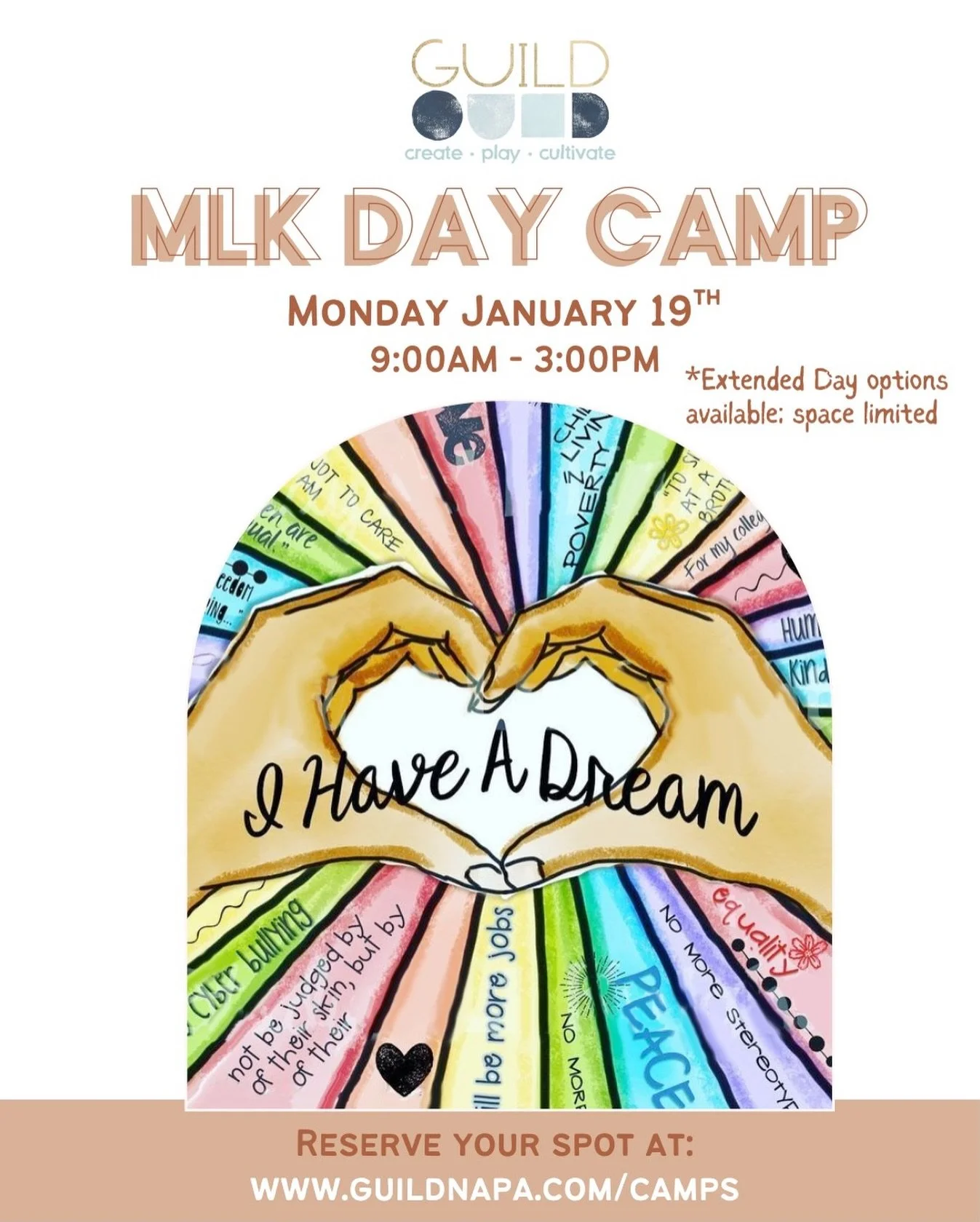 Still looking for a one-day camp on MLK Day? ✨

@guildnapa is offering a full-day MLK Day Art Camp! One of the only full-day camps available on January 19th in Napa. Children will spend the day creating meaningful art inspired by Dr. Martin Luther Ki