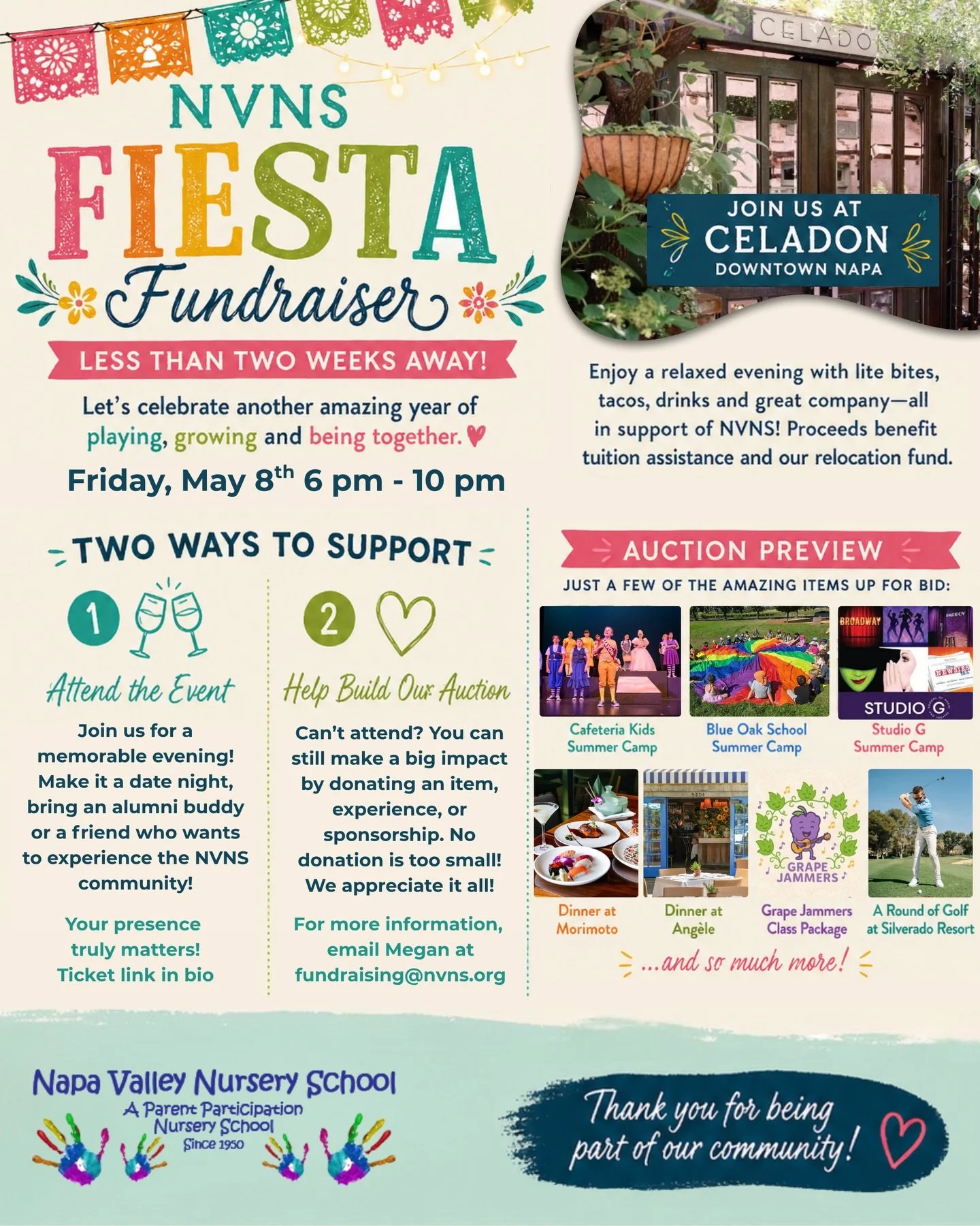 🎉 A night out that gives back to Napa Valley Nursery School and local families!

Join us on May 8th, 2026 for the @napa_valley_nursery_school&rsquo;s Fiesta Fundraiser @celadonnapa, think tacos, drinks, and a fun, relaxed evening with an incredible 