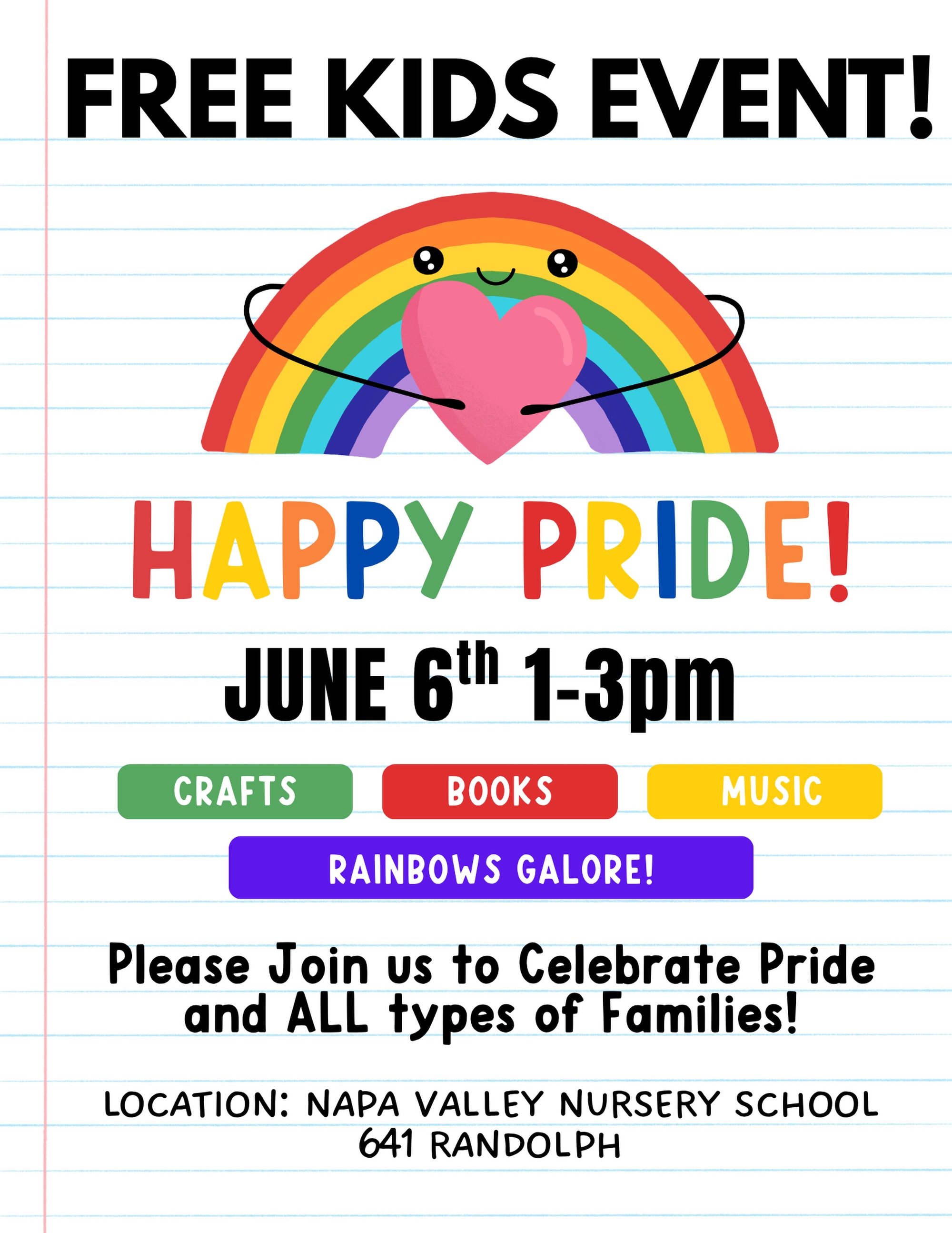 🌈 Celebrate Pride &amp; ALL Types of Families! 🌈

Join us for Pride for Kids, a free community celebration where families can celebrate love, kindness, rainbows, and the beautiful diversity in our community.

📅 Saturday, June 6&nbsp;
⏰ 1:00&ndash;