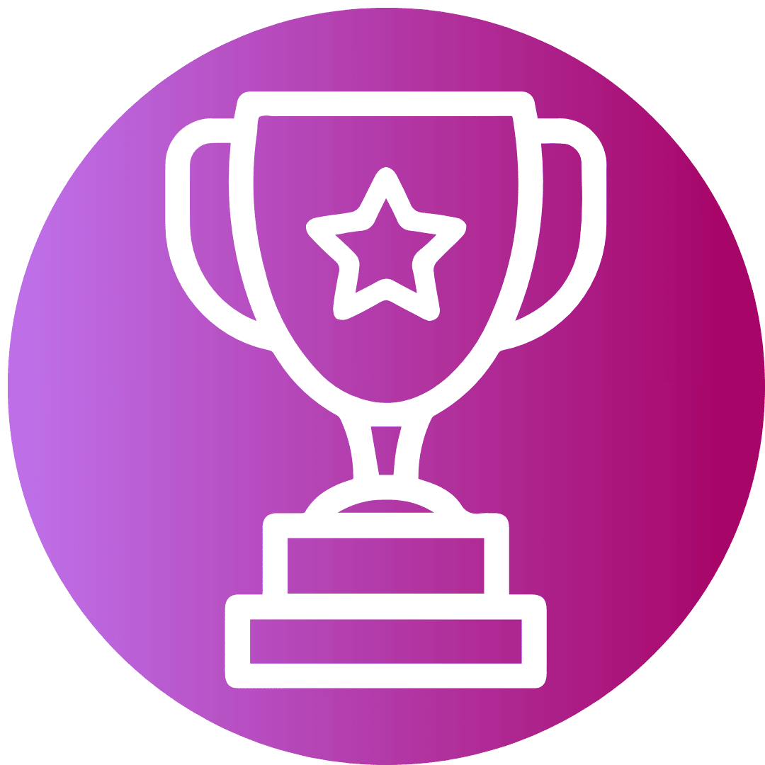 pink circle with white interior icon - winner trophy with star in centre symbolising Circe & Co.'s proven award writing success.