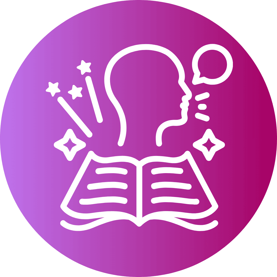 pink circle with white interior icon - persons talking head above a book symbolising Circe & Co.'s impactful storytelling skills for award submissions.