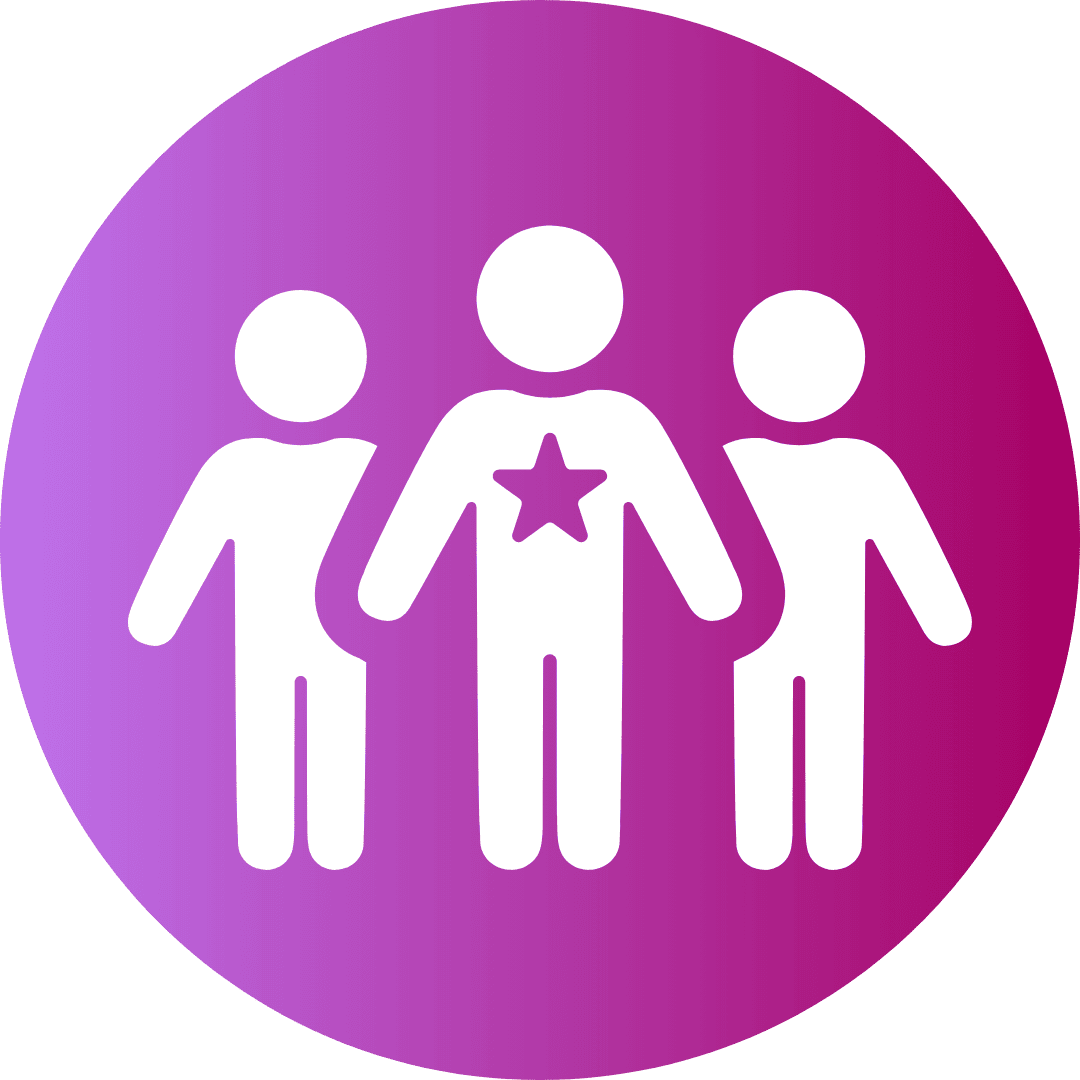 pink circle with white interior icon - 3 people, one with a star on their chest within symbolising Circe & Co.'s uniquely tailored award submissions.