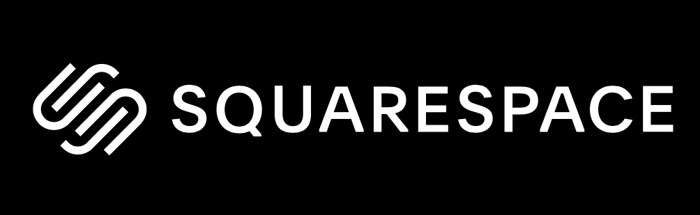 Squarespace logo and Business name. White logo and writing on black background.