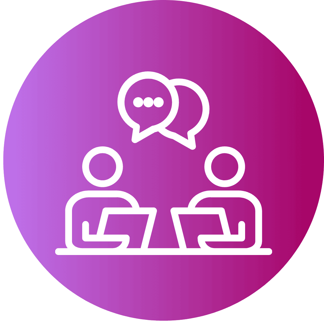 pink circle with white interior icon - two people talking, each holding documents symbolising Circe & Co.'s client consultation process for award submissions.