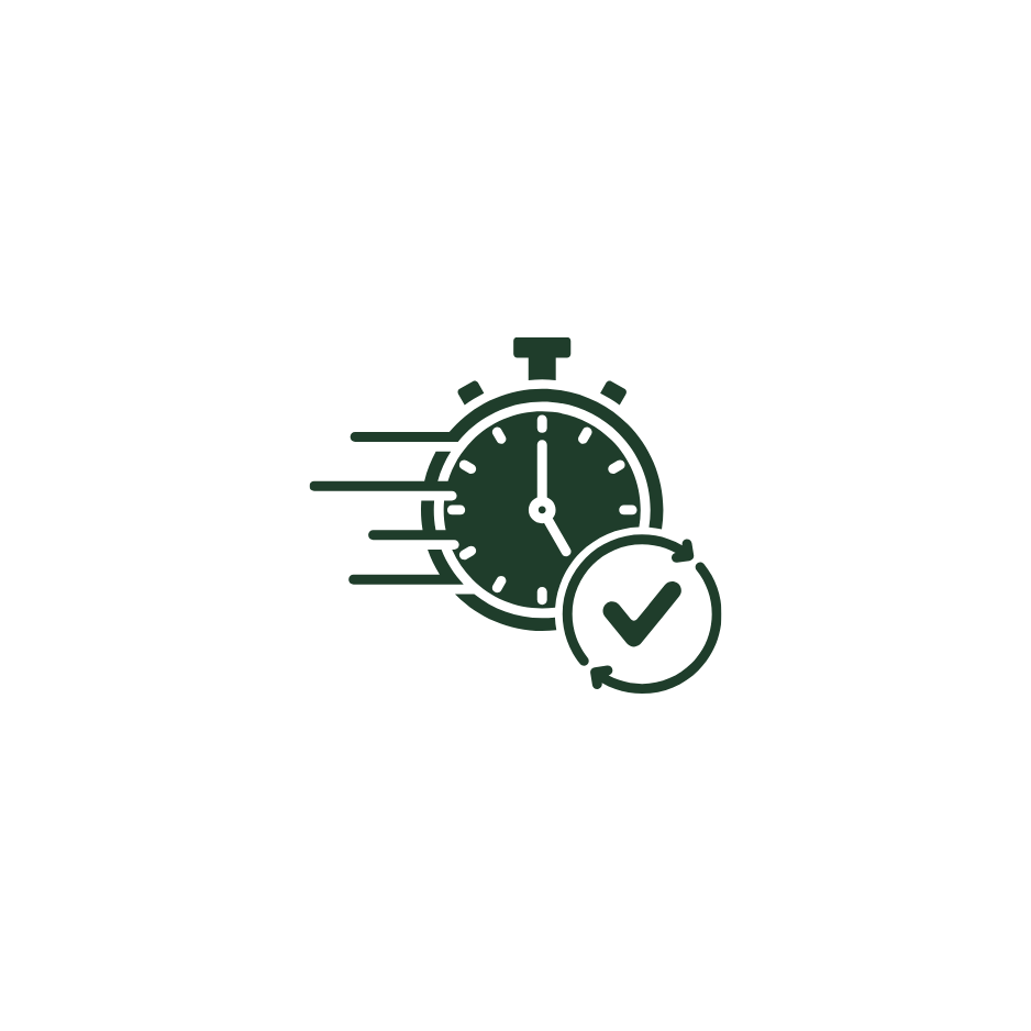 Icon of a stopwatch with motion lines indicating speed, and a checkmark symbol in a circular arrow, representing quick approval or completion.