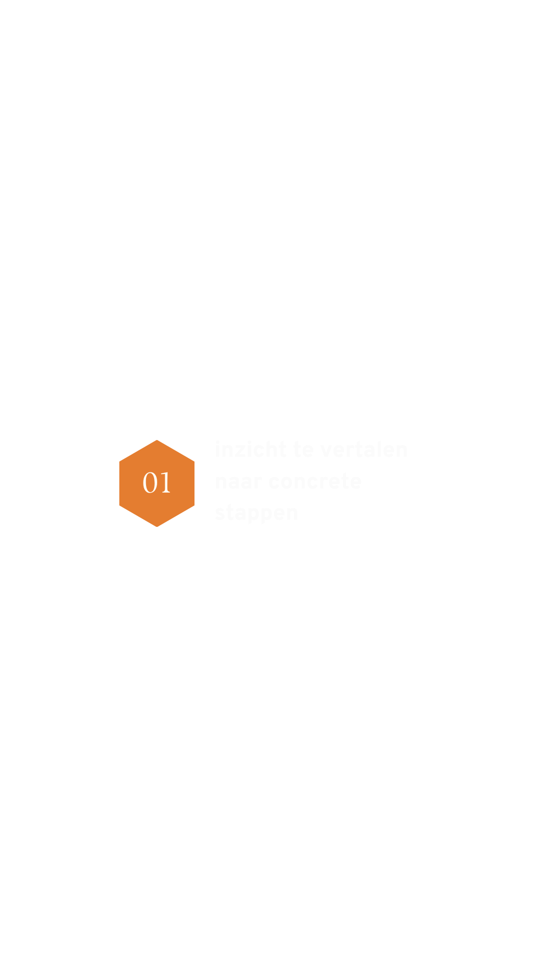 Een infographic met de titel 'inzicht te vertalen naar concrete stappen' en een hexagon op de voorgrond met de tekst '01'.