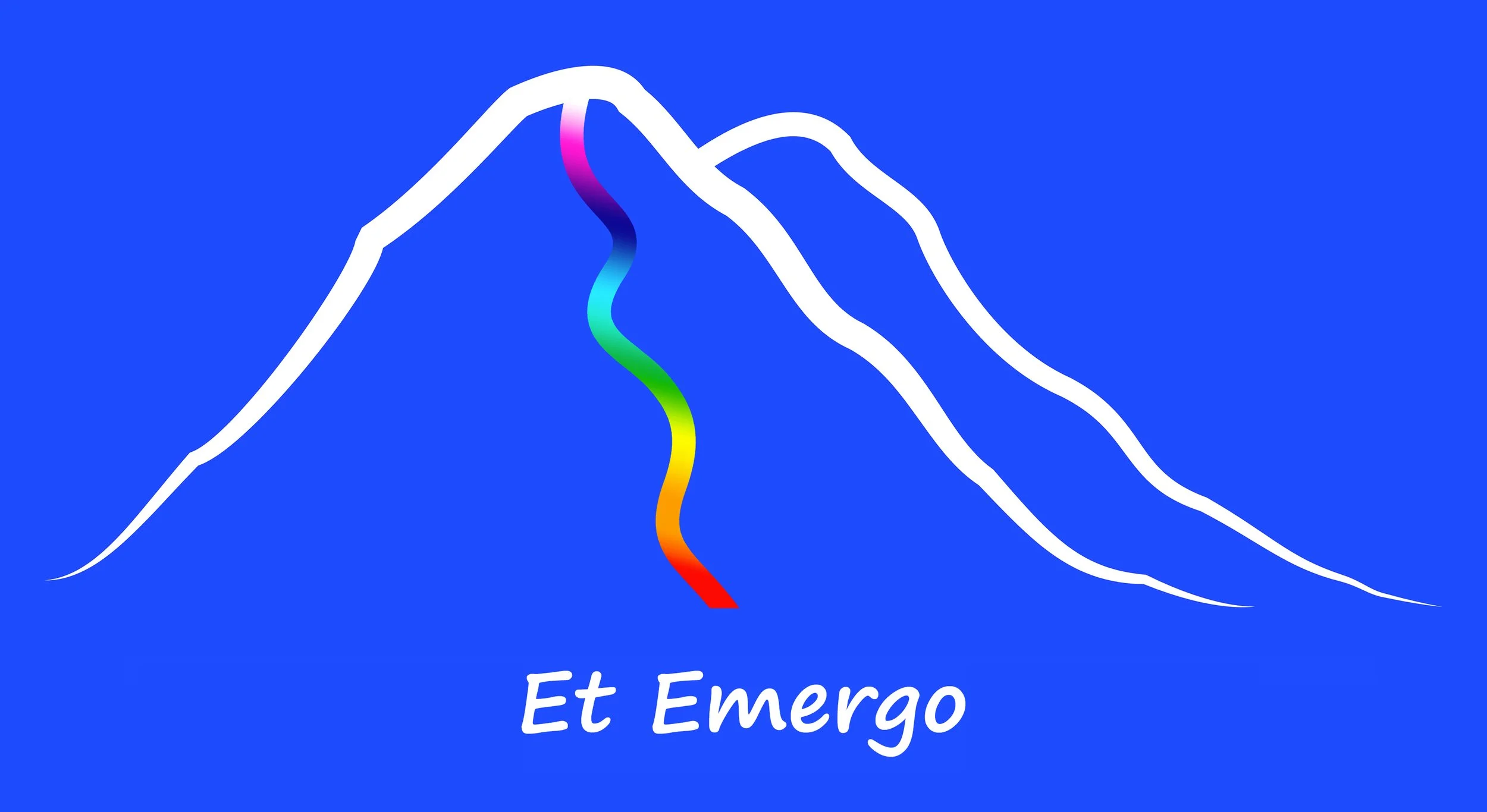 Een afbeelding van een berg met witte omlijning, met een regenboogkleurige pijl die van de top naar de basis loopt, tegen een blauwe achtergrond. Onder de berg staat de tekst 'Et Emerso' in wit.
