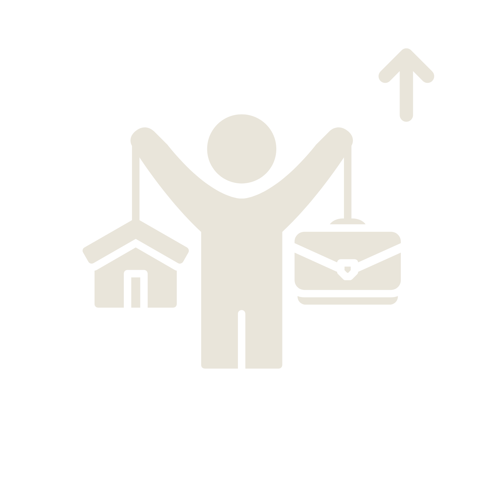 Silhouet van een persoon met armen omhoog, omringd door een huis en een koffer. Een pijl wijst omhoog.