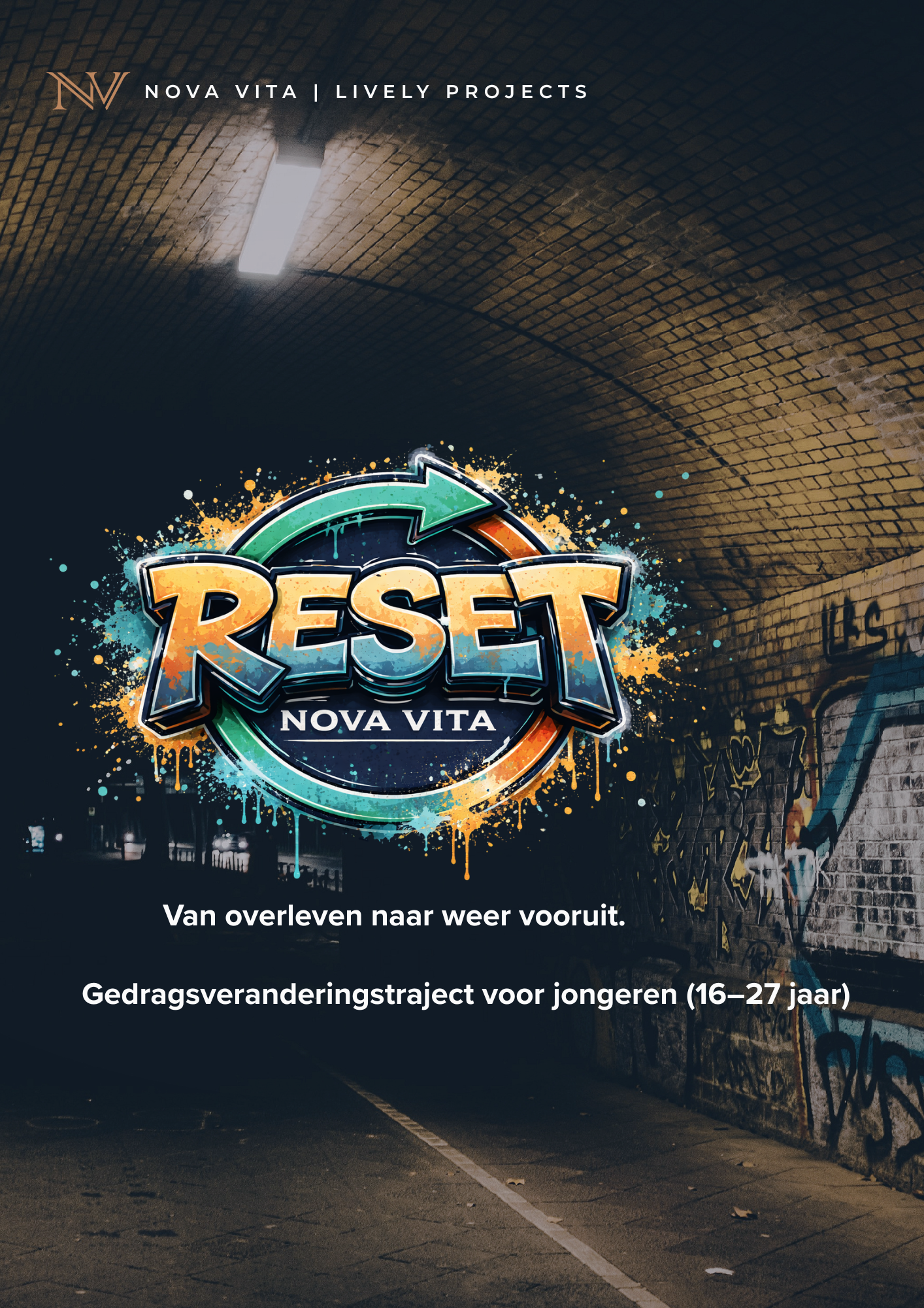Graffiti-tekst 'RESET' met een groene en oranje pijl in een ondergrondse tunnel, met tekst over gedragsverandering voor jongeren.