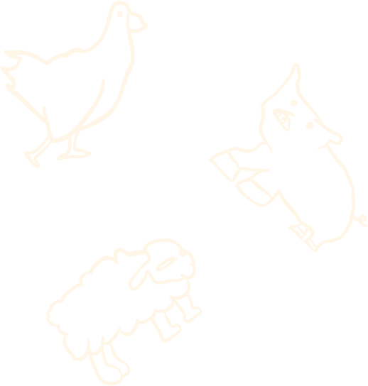 Three white outline drawings of swim floaties: a chicken, a pig reading a book, and a sheep.
