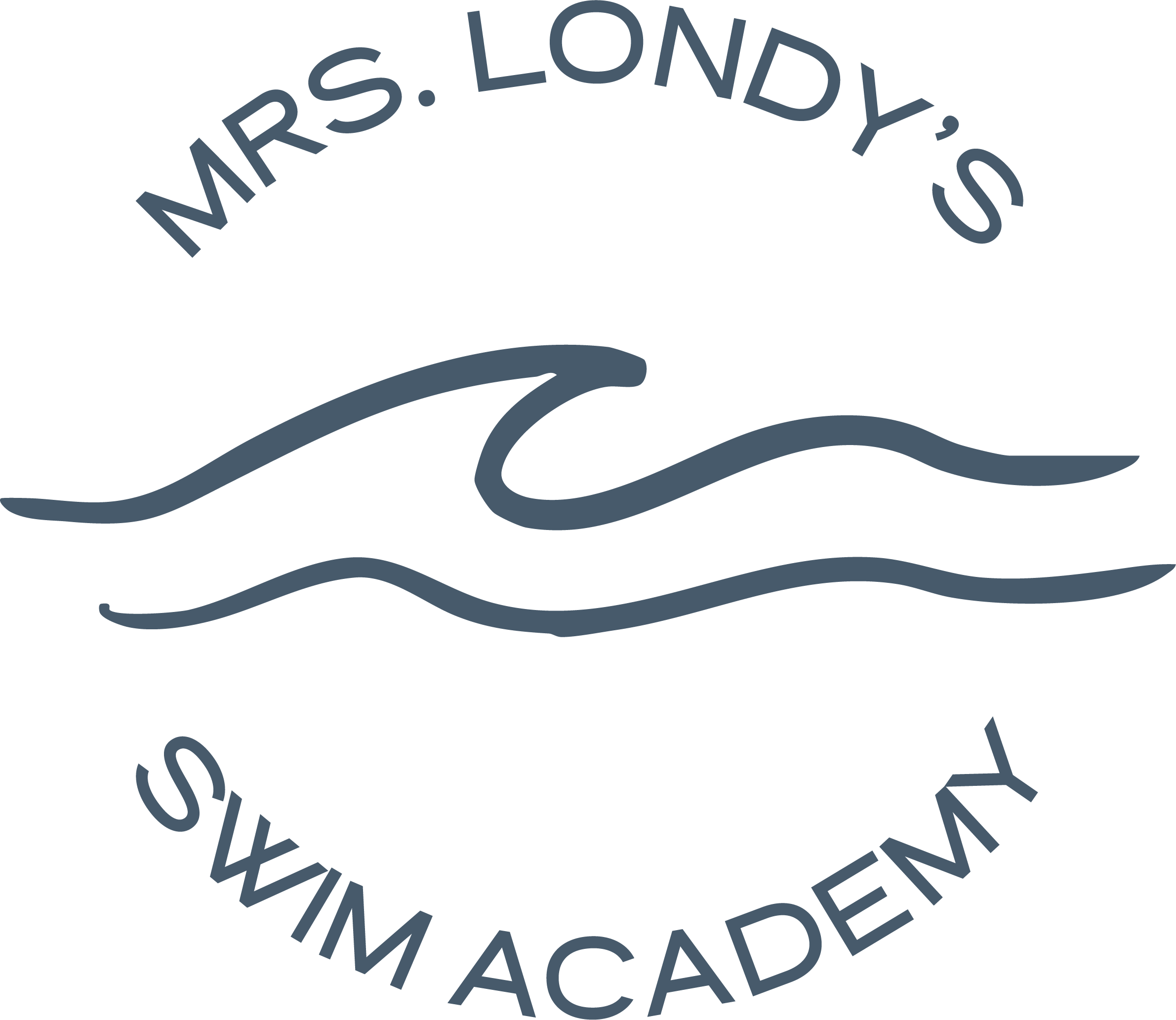 Logo with stylized wave and the text "Mrs. Londy's Swimg Academy" curved around the wave.