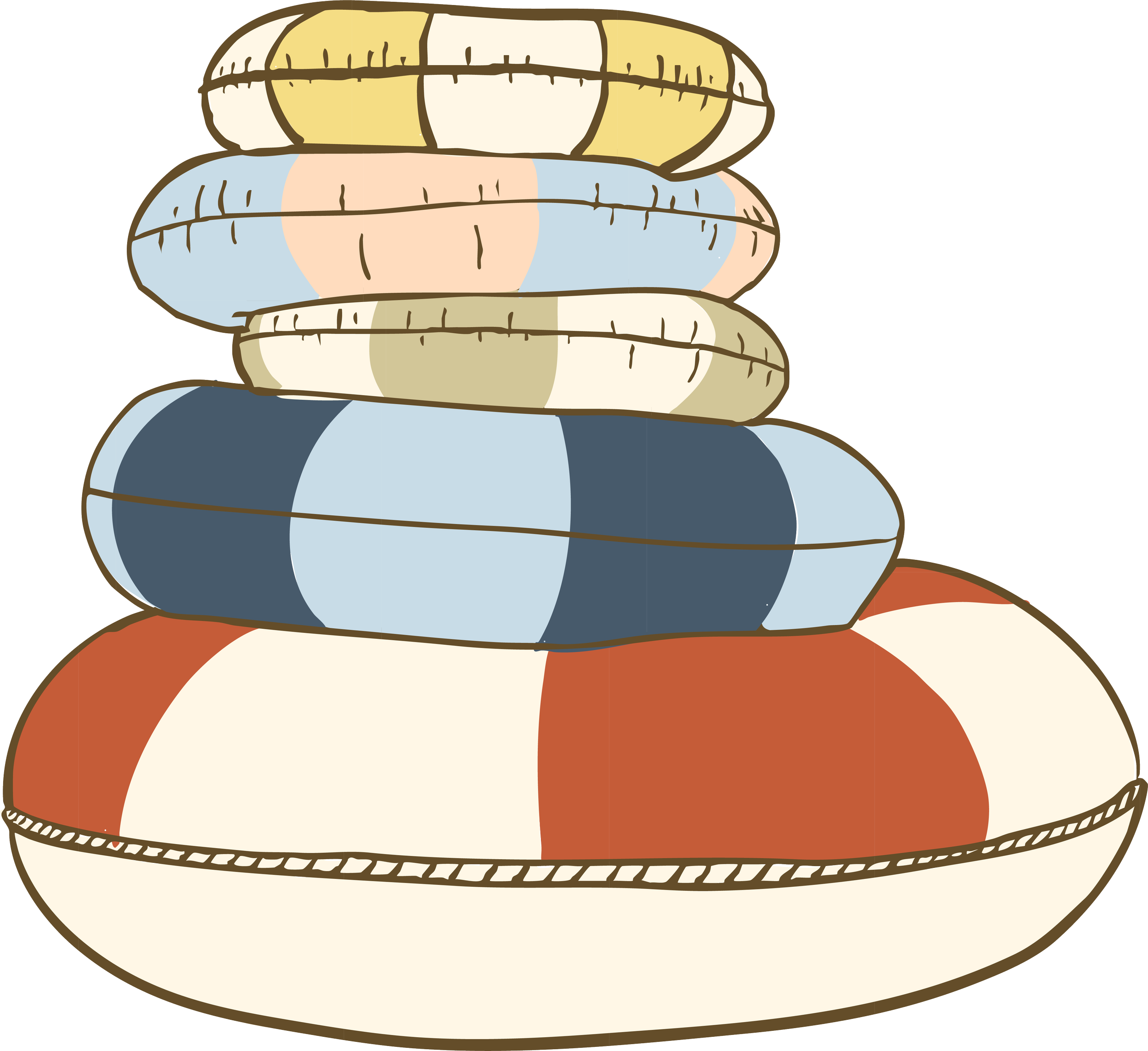 Stacked colorful beach tubes with various patterns and colors. Survival Swim Lesson