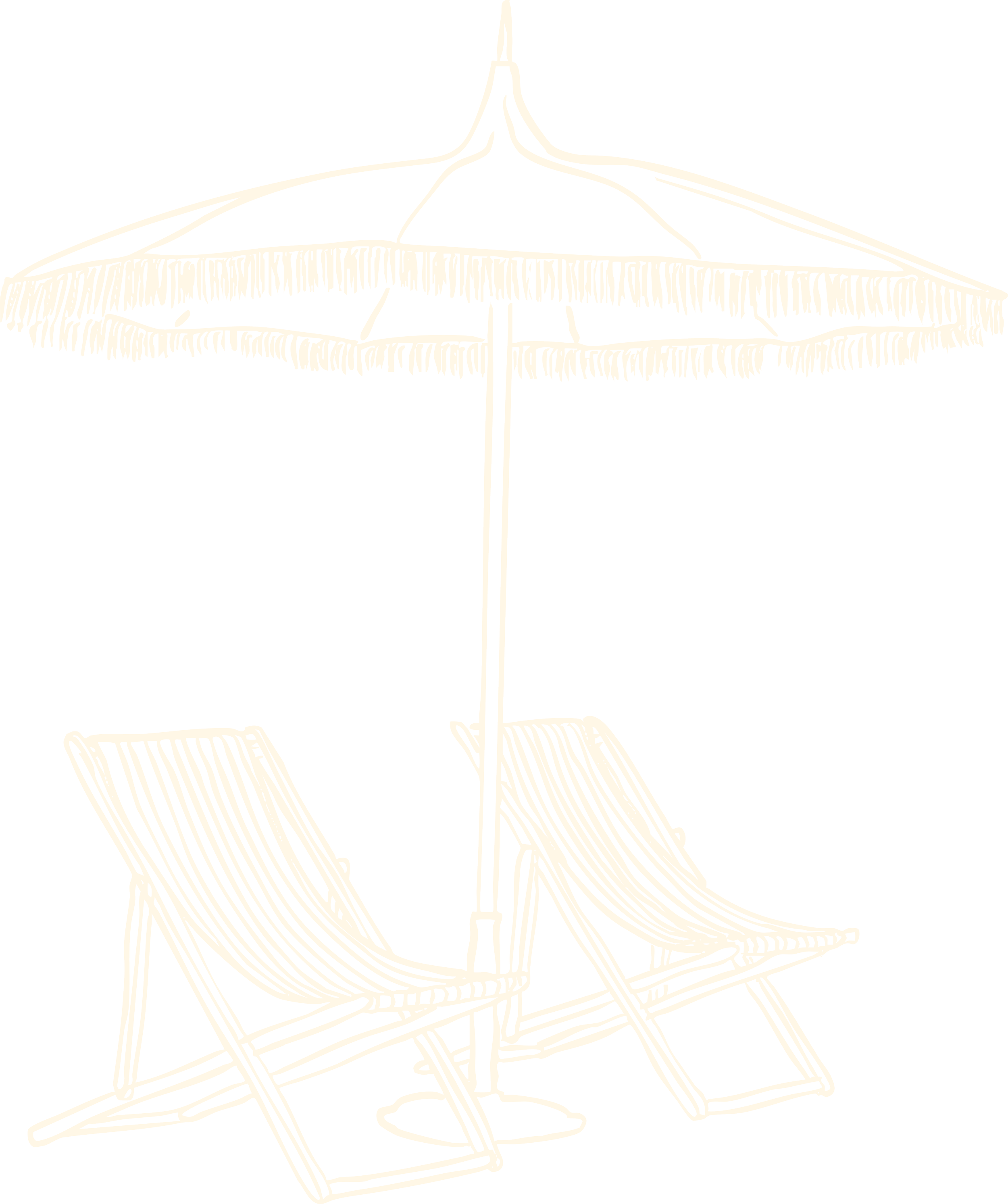 Outline drawing of a beach chair with a large umbrella leaning over it, set against a black background.
