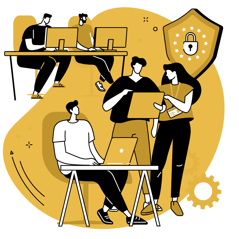 Illustration of four people collaborating around laptops and tablets, with a large shield featuring a lock symbol in the background, representing cybersecurity or data protection.