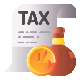 Tax document with a money bag and a percentage coin on a white background.