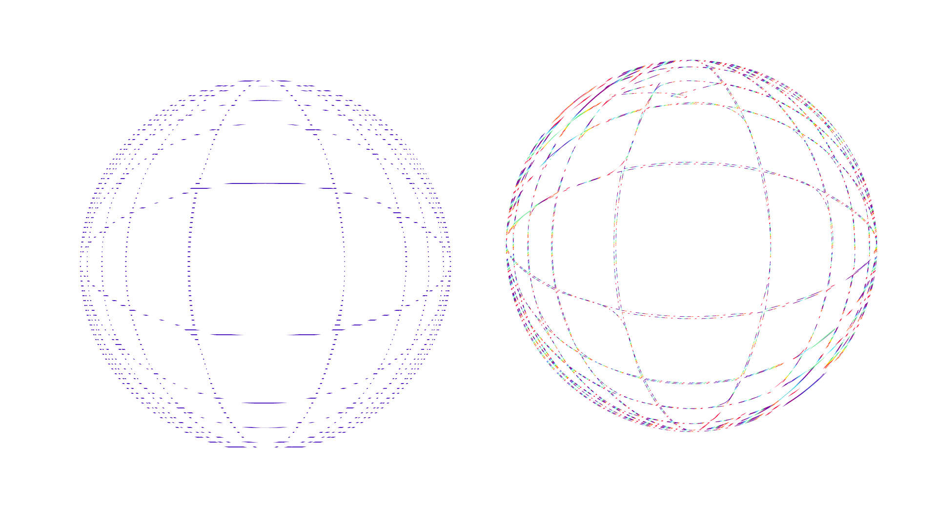 Two colorful digital wireframe globes, one in purple on the left and one in multicolor on the right, set against a black background.