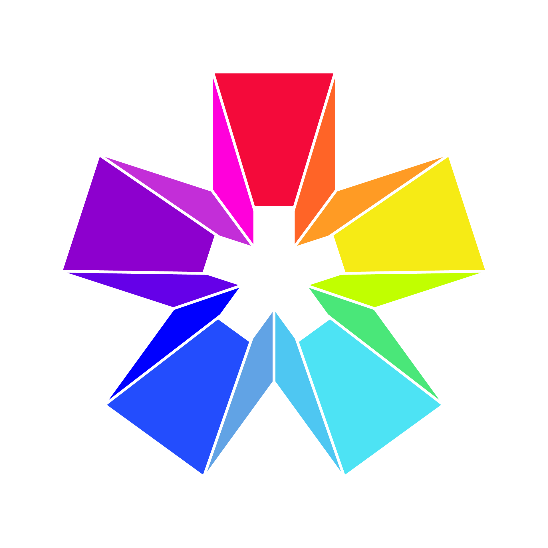 Color wheel with 12 segments transitioning through spectrum colors from red, purple, blue, cyan, green, yellow, orange, and pink, arranged in a circular pattern on a black background.