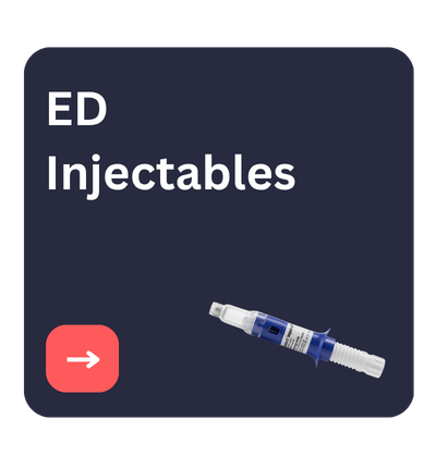 Sign for ED Injectables with a medical syringe illustration and a red arrow pointing to the right.