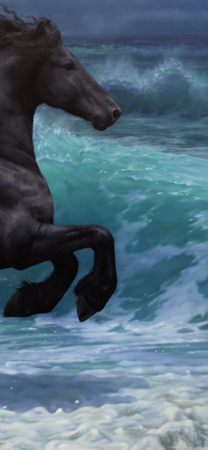 Black horse running through ocean waves with a stormy sky.