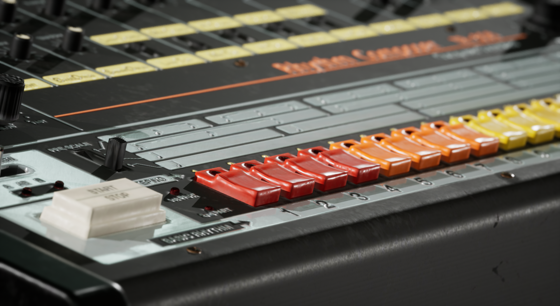 Close-up of a control panel with multiple colored buttons and switches, including red, orange, and yellow buttons, as part of an electronic or musical instrument.