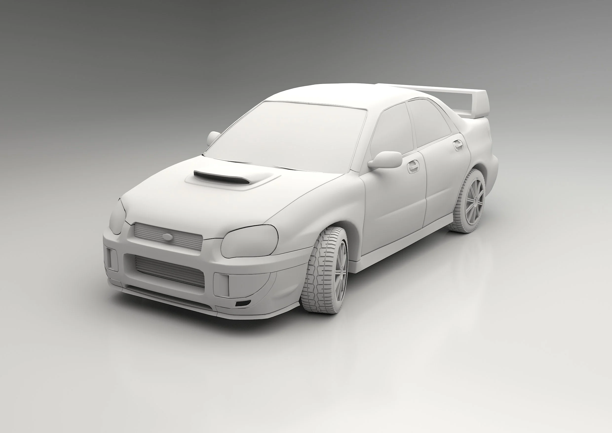 3D model of a sports car with racing modifications, including a rear spoiler, hood scoop, and wider tires, in a neutral gray environment.