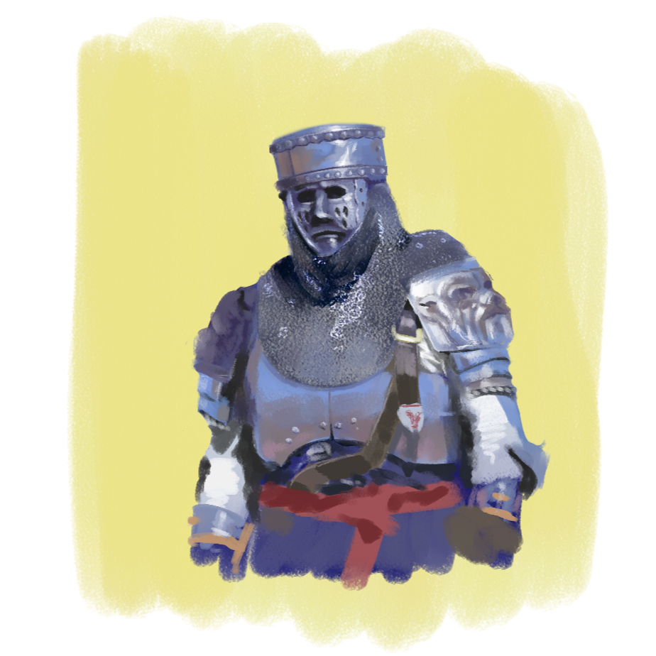 A person wearing a medieval knight costume with a metallic helmet, chainmail, and armor, standing against a yellow background.