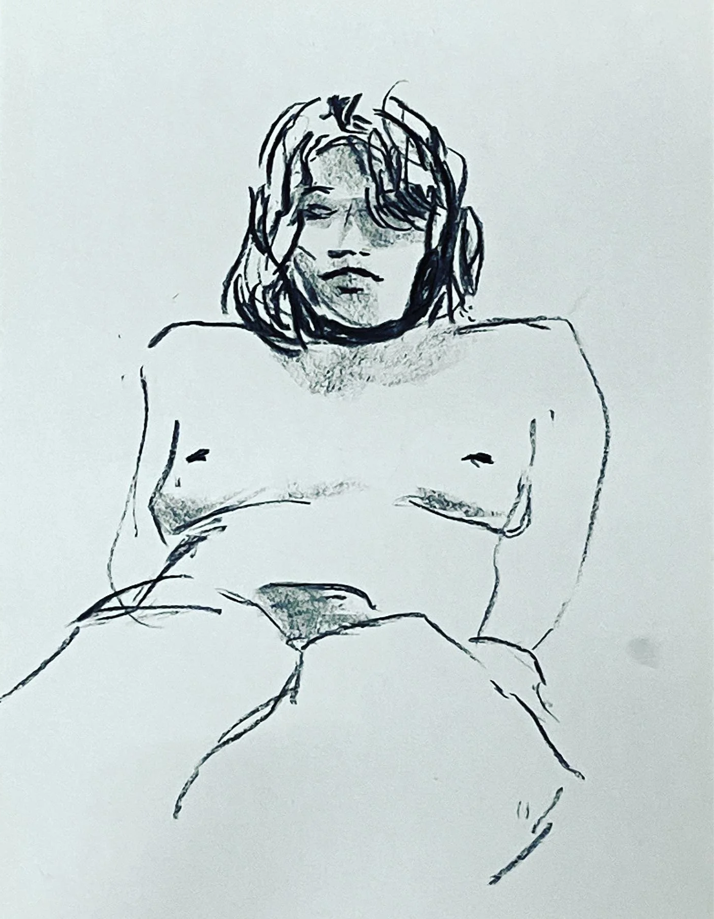 A black and white sketch of a woman with messy hair, topless, sitting on a surface with her legs crossed, gazing downward.