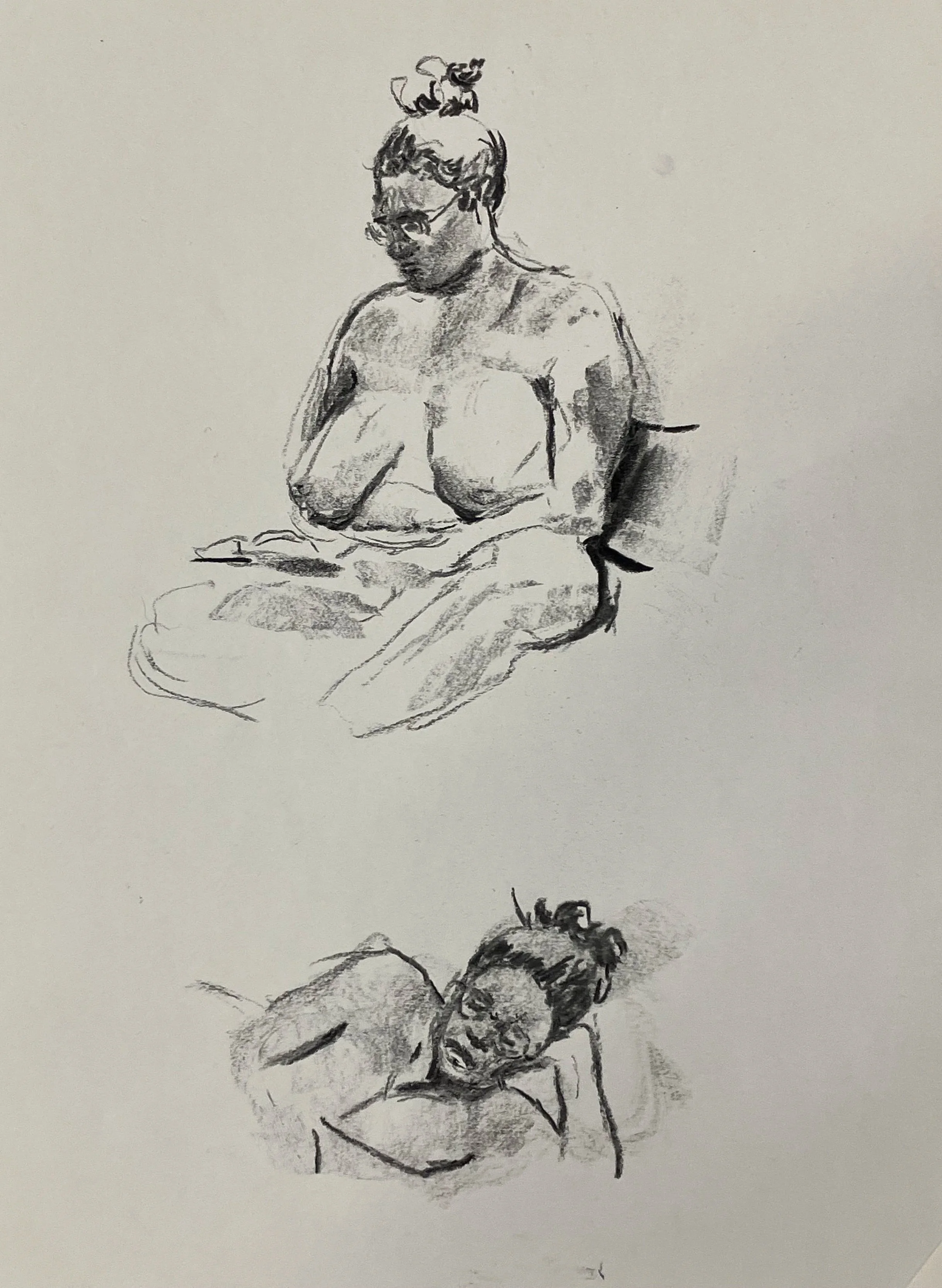 Sketch of a woman sitting with crossed legs, wearing glasses, with her hair in a bun, and another woman resting with her eyes closed, hair in a bun.