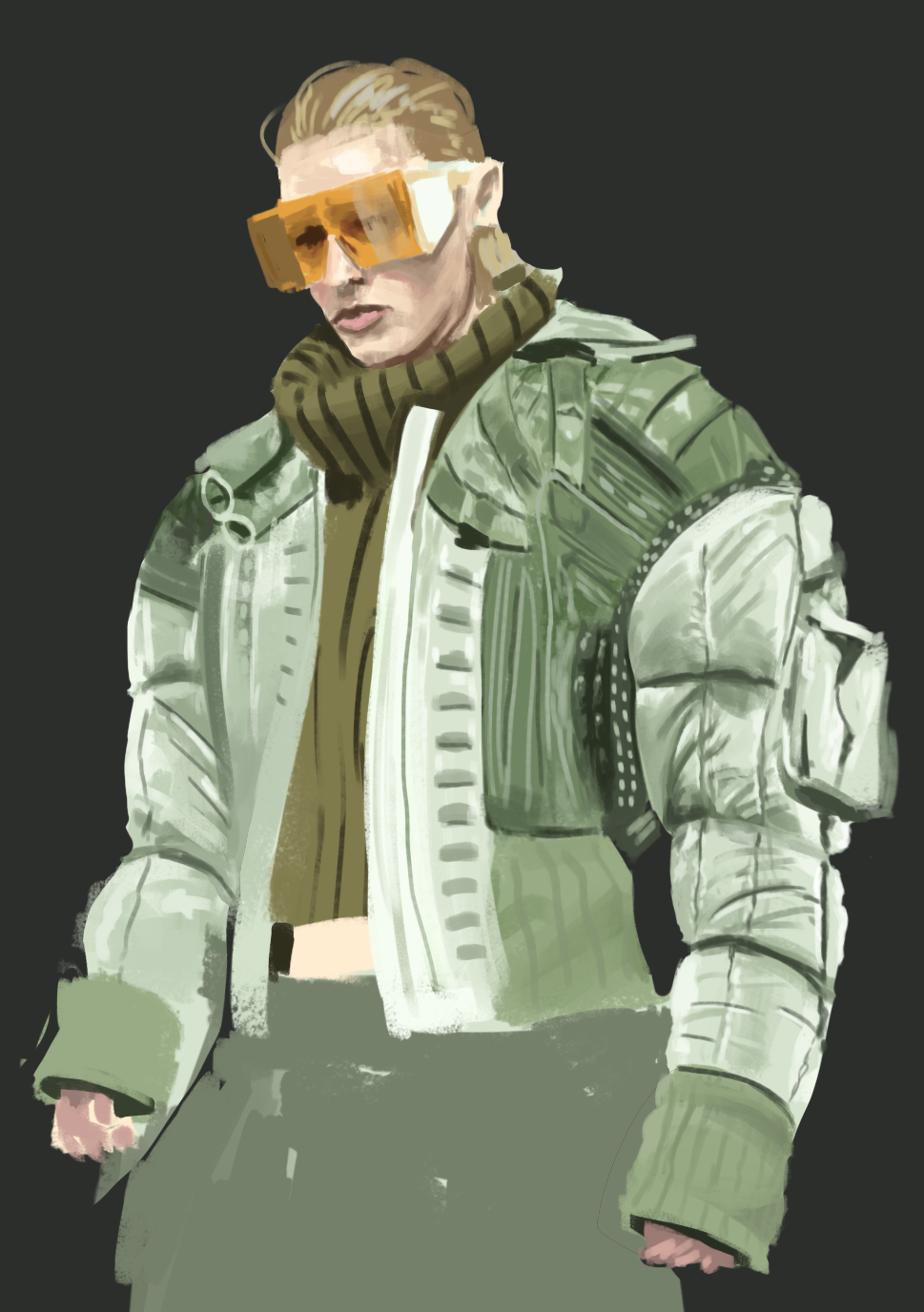 Digital artwork of a person wearing a green jacket, glasses, and a brown scarf, with a dark background.