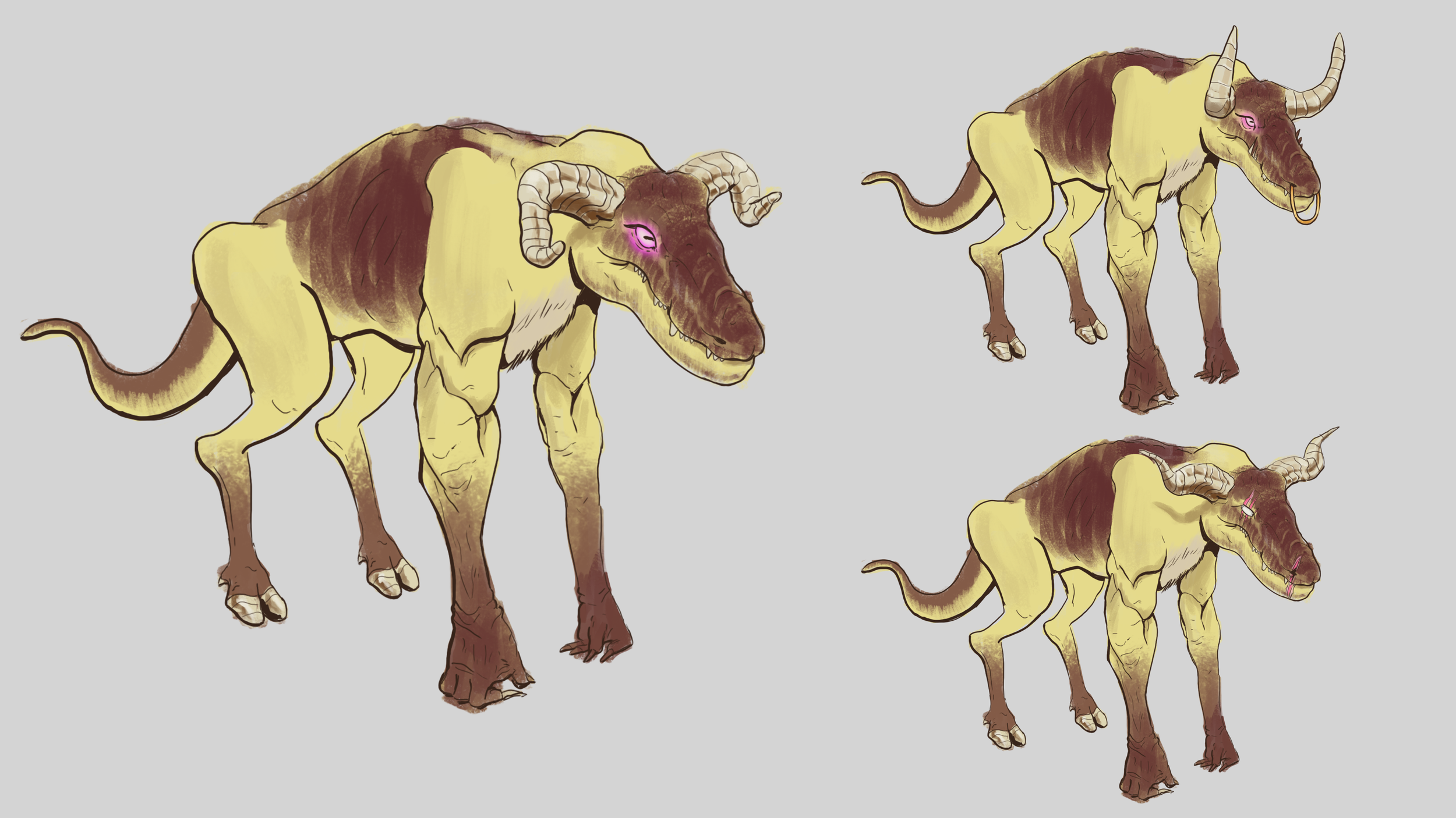 Digital illustration of a creature with a combination of bovine and reptilian features, having horns, a long tail, and pink eyes, shown in three different angles on a gray background.