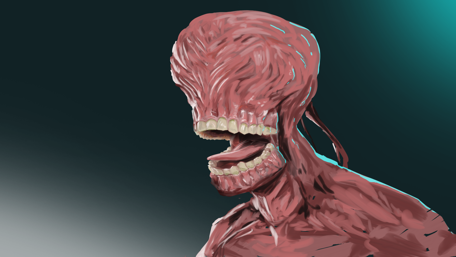A digital illustration of a creature with an exposed muscular structure, a large head with human-like teeth, tongue, and jaw, and a humanoid body, against a gradient dark background.