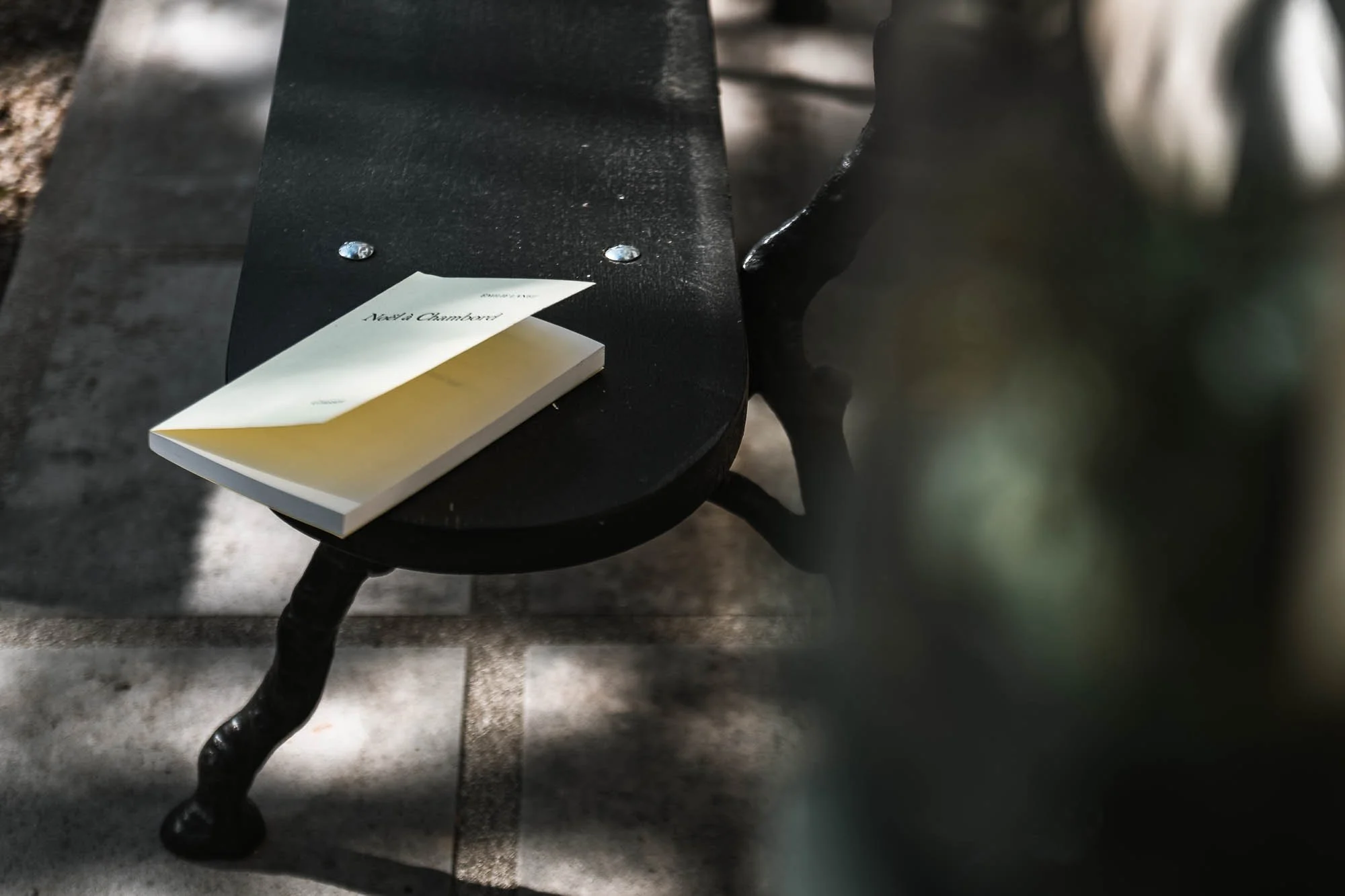 Un livre posé sur un banc en bois sombre avec une ombre d'arbre visible sur le sol.