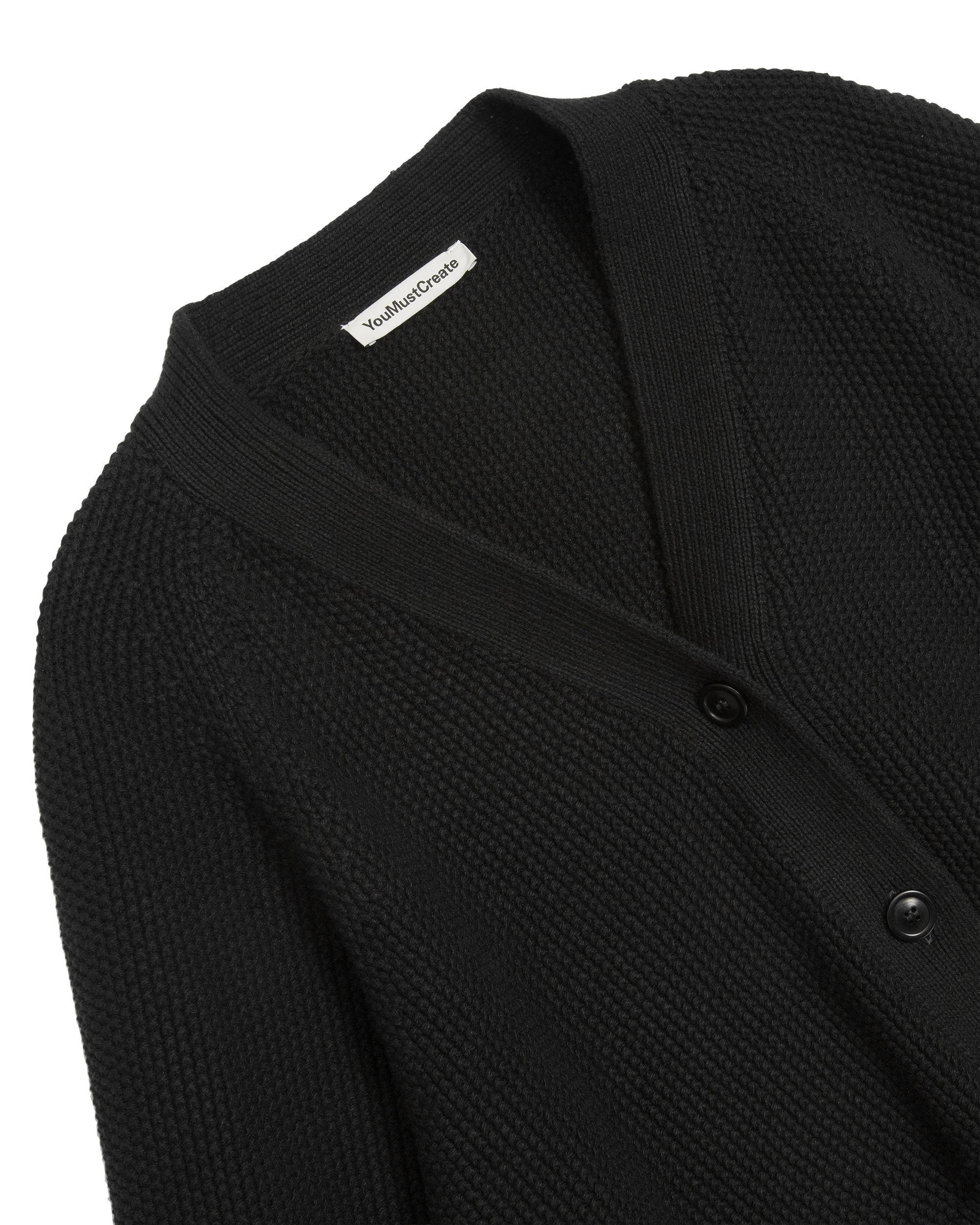 YMC Computer Cardigan Black women’s wool cardigan close up view