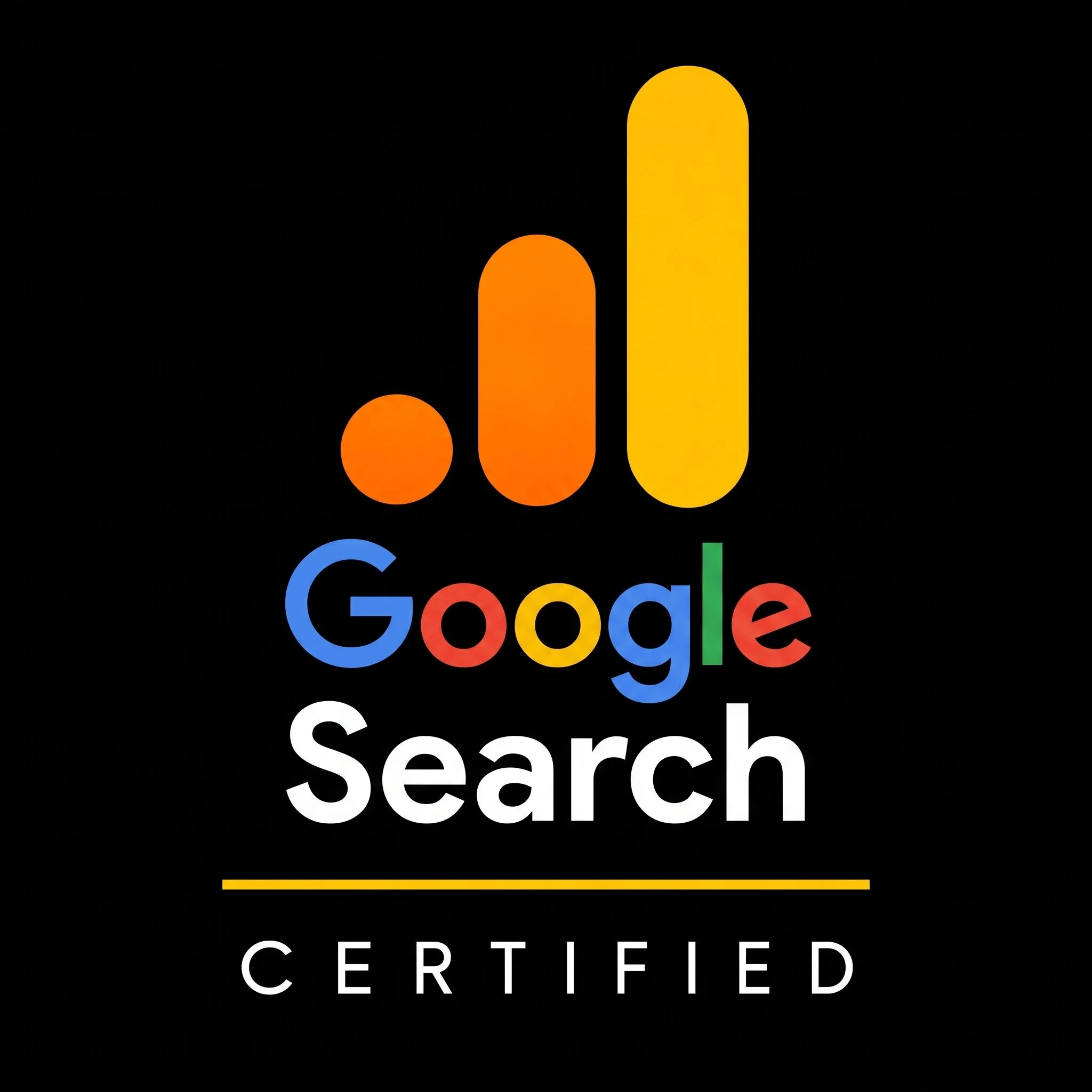 Google search engine logo with colorful letters on a black background, stating that the search is Google certified.