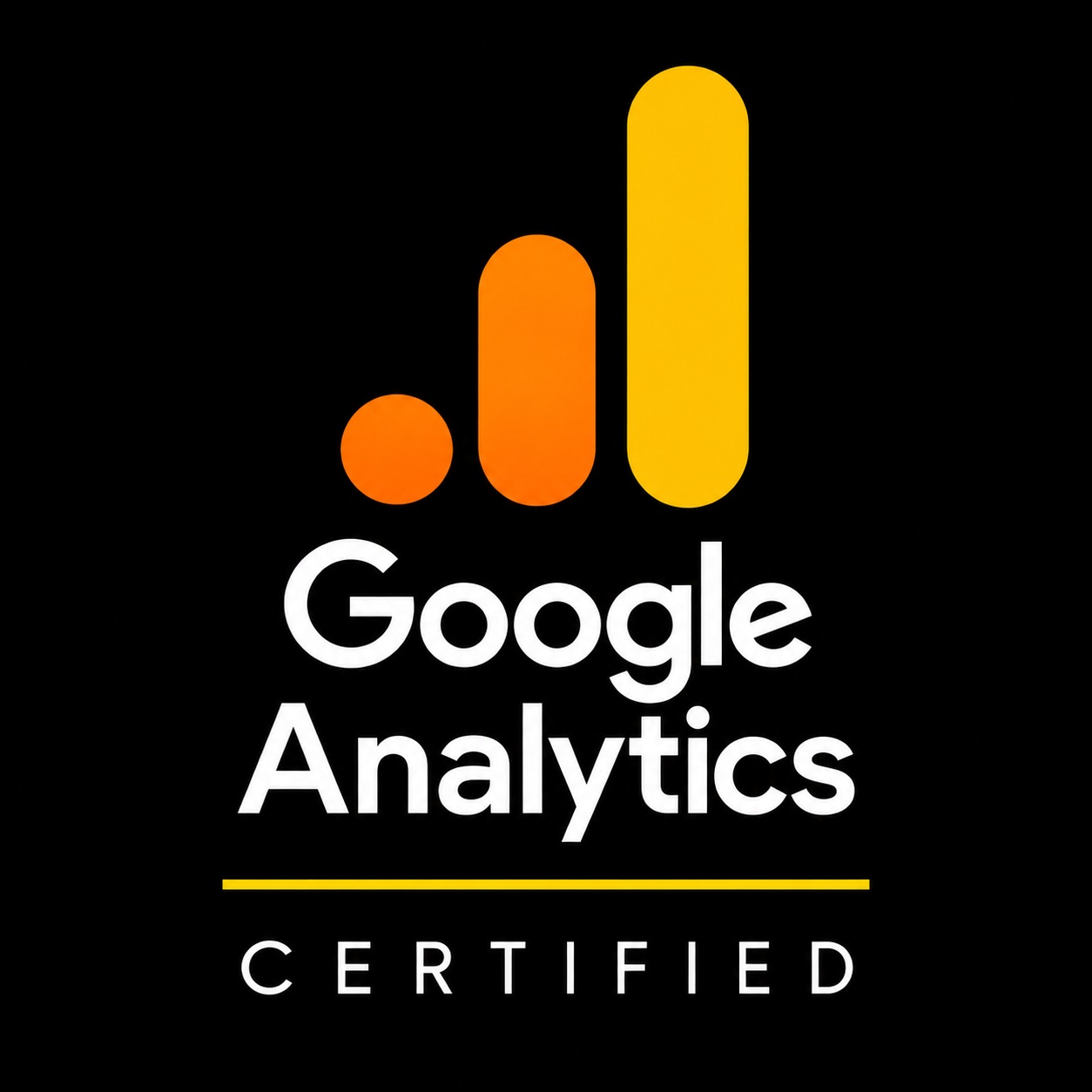 Google Analytics Certified badge with a black background, displaying a colorful bar chart logo and white text.