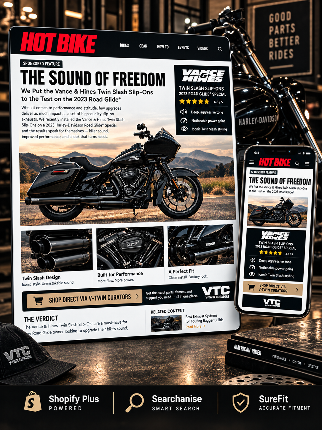 Sponsored motorcycle performance parts editorial featuring an exhaust system review with a direct shopping link through V-Twin Curators.