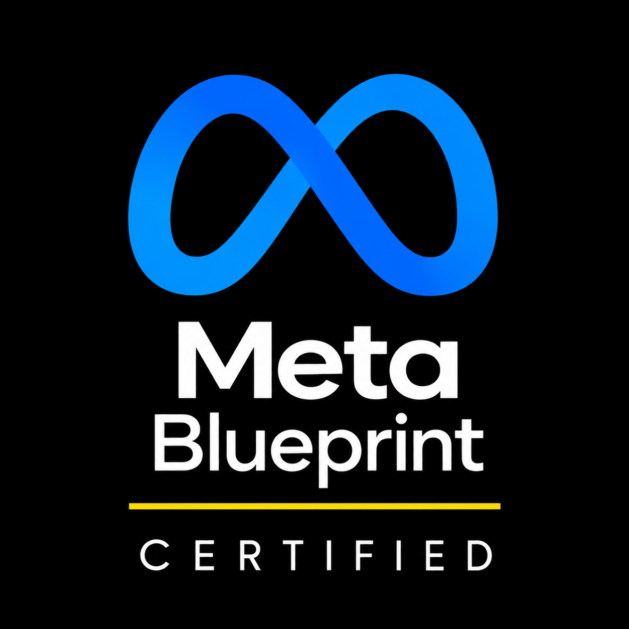 Meta Blueprint Certified badge with a blue infinity symbol on a black background and white and yellow text.