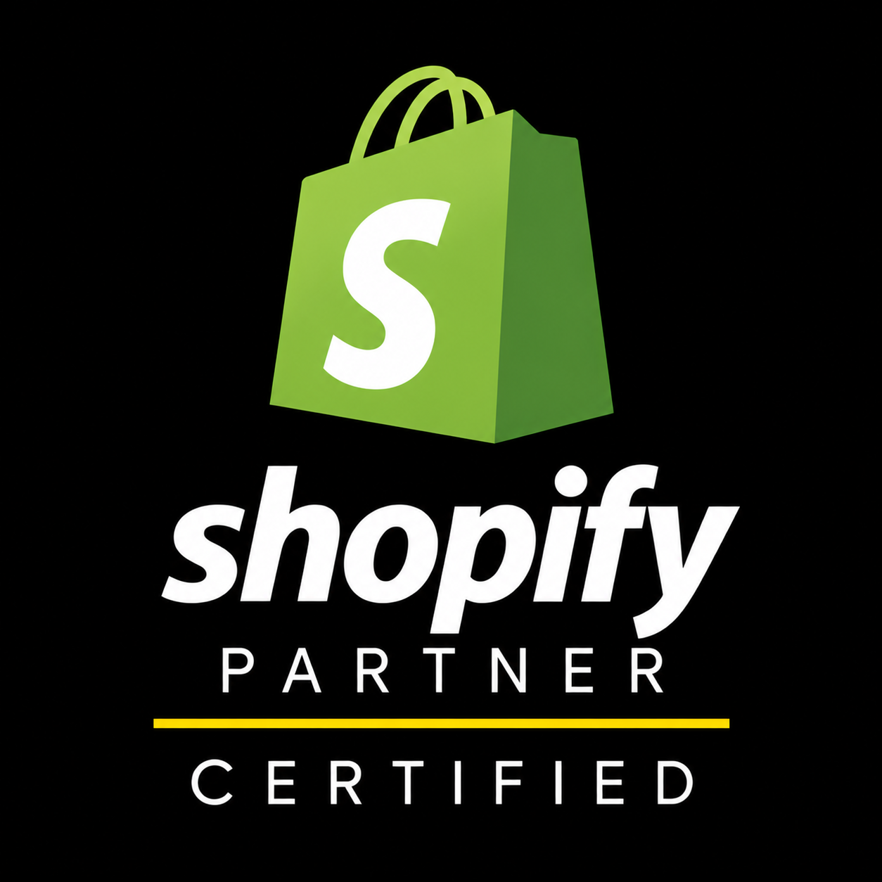 Shopify partner badge with a green shopping bag containing a white 'S' on a black background, and the words 'shopify partner certified' below in white text, with a yellow line underneath 'partner'.