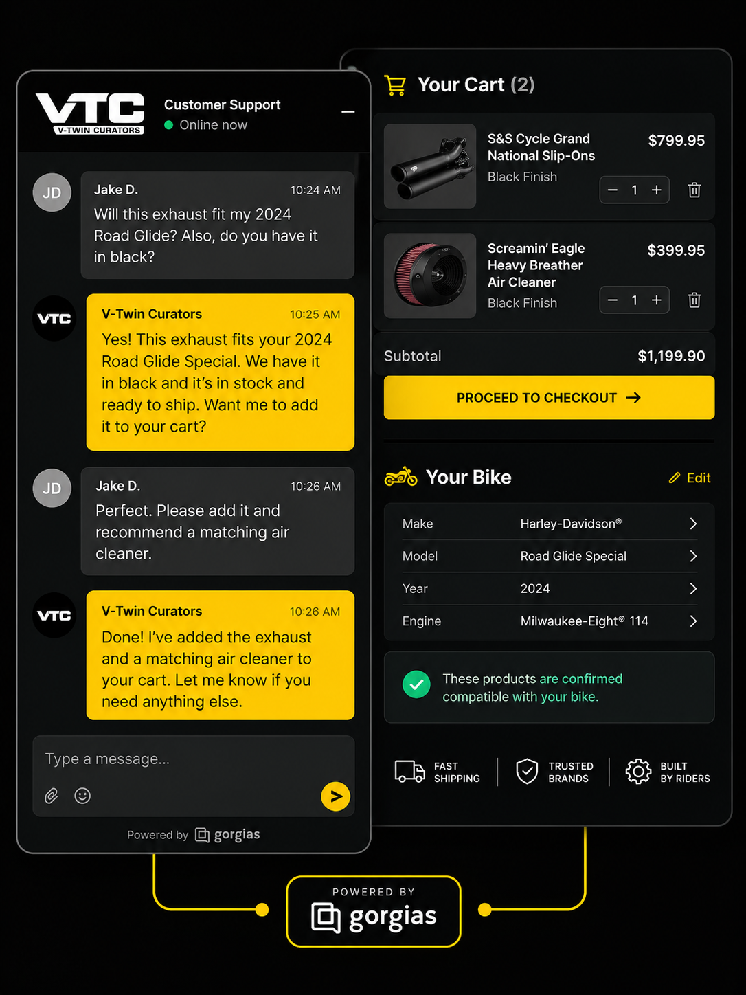 Motorcycle parts customer support interface showing live chat, shopping cart contents and Year, Make and Model fitment information.