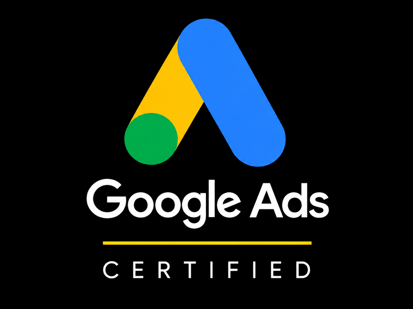 Google Ads Certified badge logo with a stylized 'A' in yellow, blue, and green on a black background.