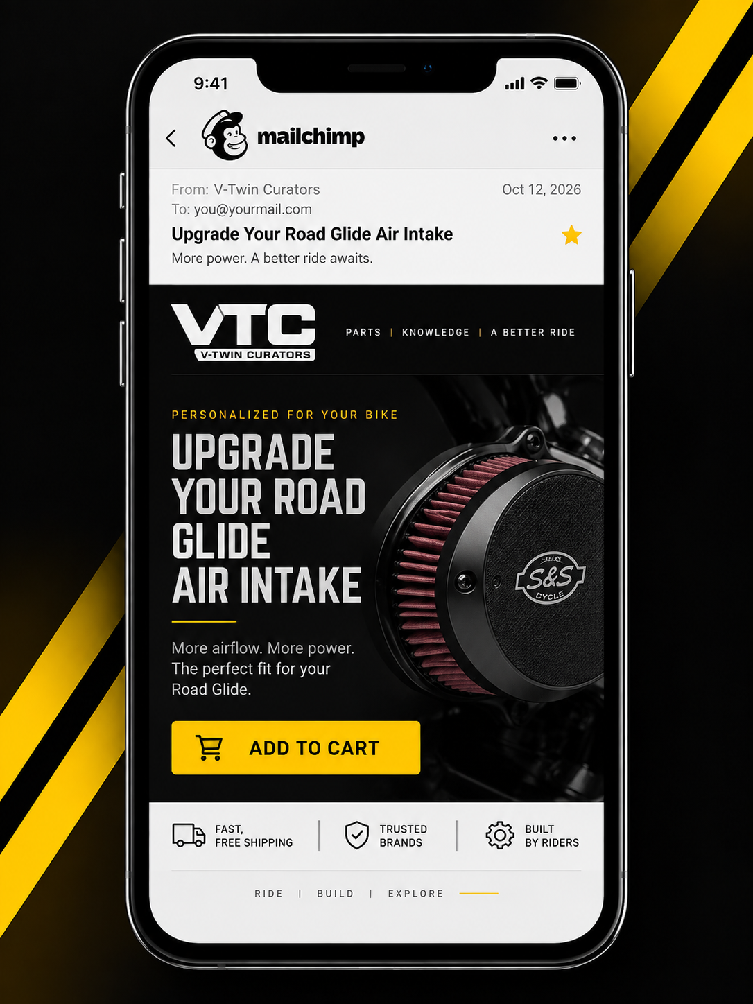 Personalized motorcycle parts email campaign and smart checkout upsell tailored to a rider's specific bike model.