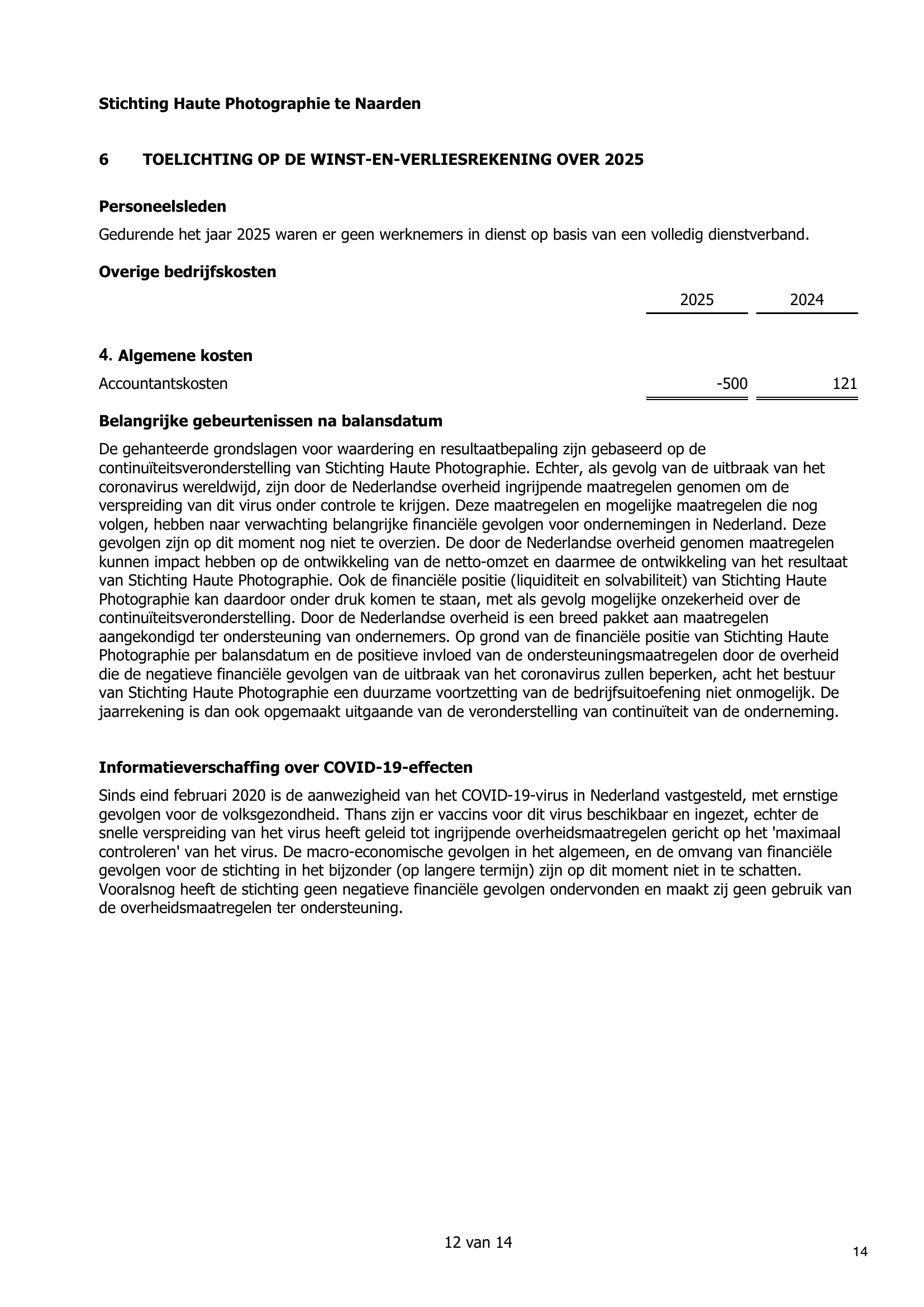 Een scan van een document met inhoud over de jaarrekening van Stichting Haute Photographie, inclusief tekst over financiële en COVID-19 effecten.