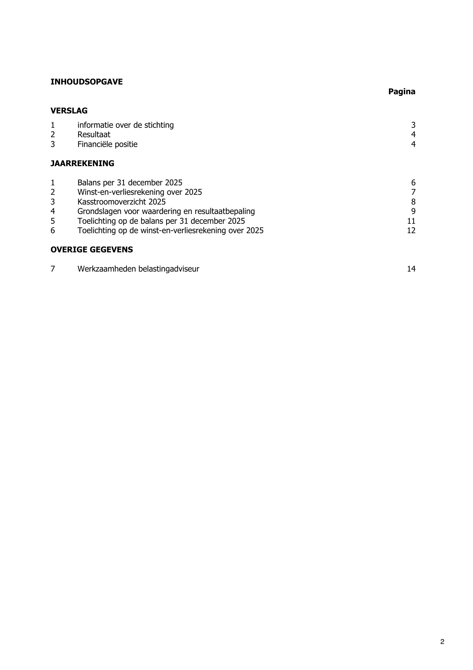 Pagina met inhoudsopgave, inclusief secties over de stichting, resultaten, financiële positie, jaarrekening en overige gegevens.