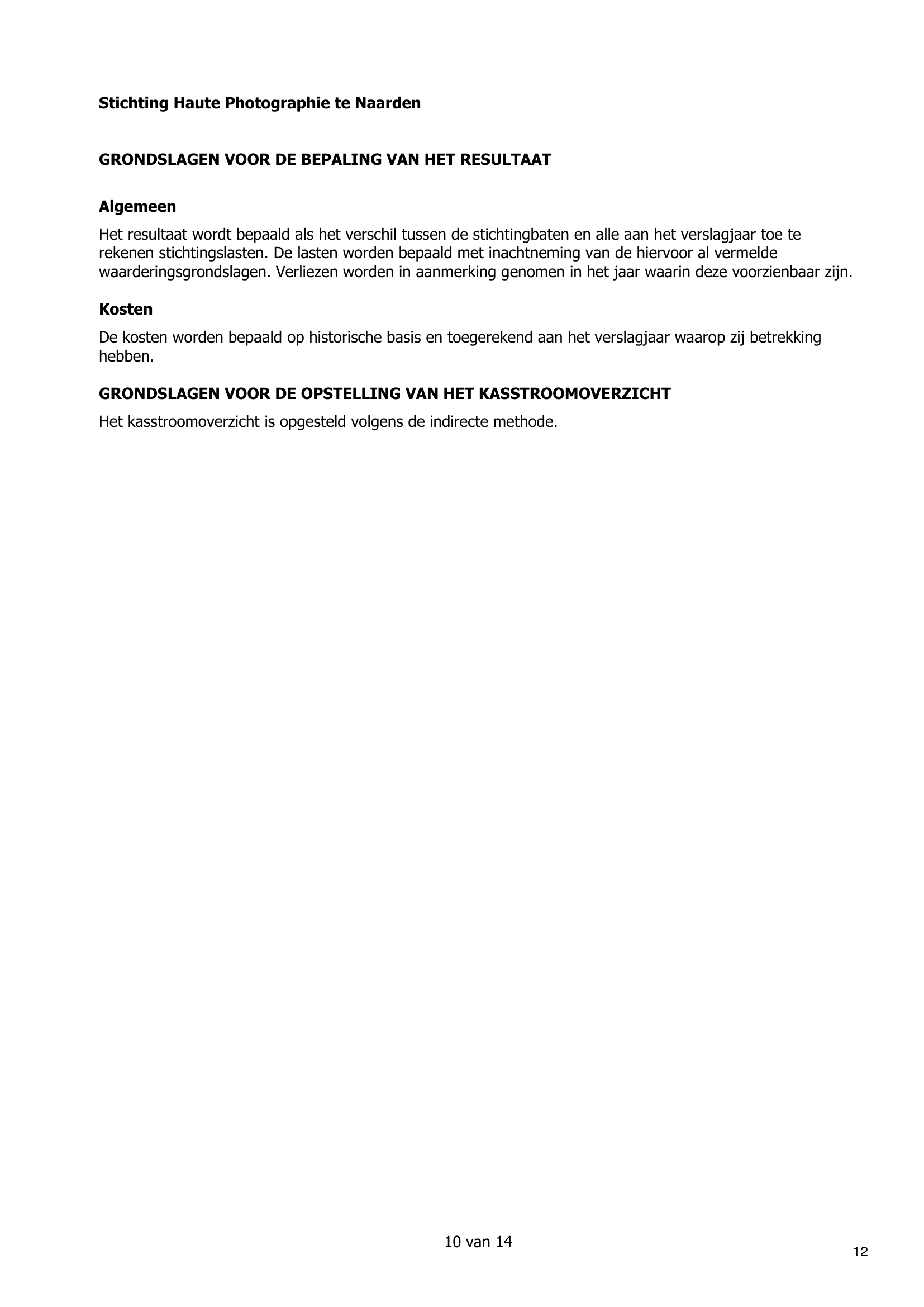 Een document met de titel 'Stichting Haute Photographie te Naarden' en secties over beoordeling, kosten, en basisprincipes voor het opstellen van een kasstroomoverzicht, geschreven in het Nederlands.
