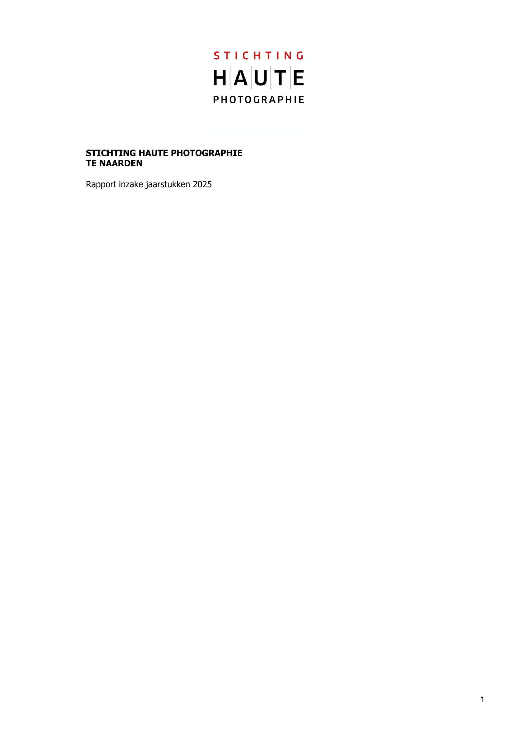 Voorpagina van een rapport met het logo van Stichting Haute Photographie, tekst in het Nederlands over het jaarstukken 2025.